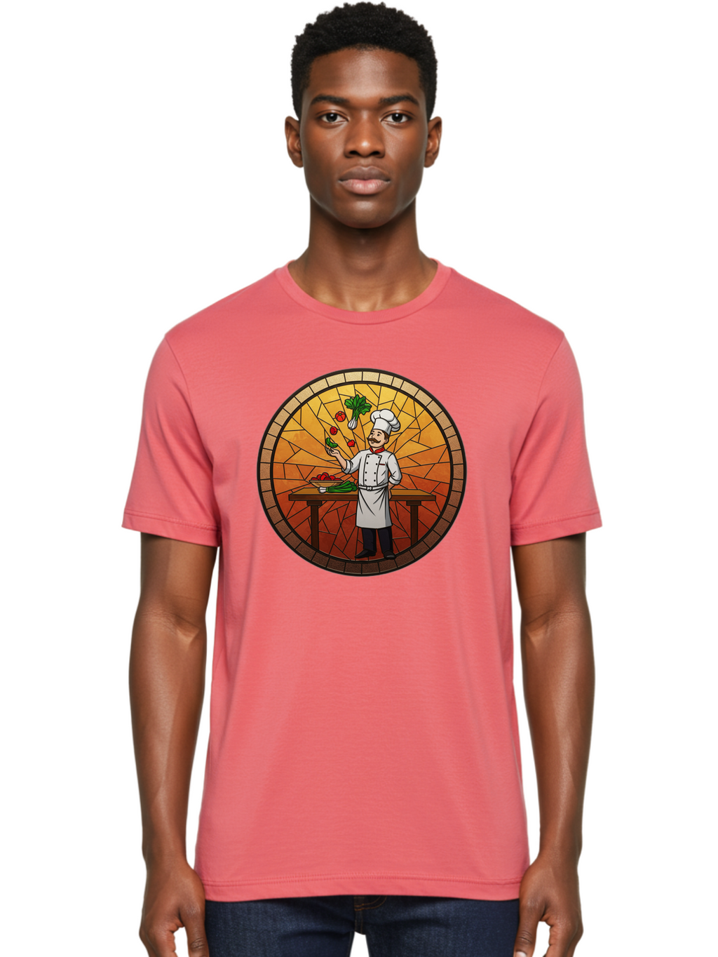 Chef-Juggling-Vegetables Men'S Graphic Tee, 100% Cotton, Comfortable Casual Summer Wear, Machine Washable, Chef Juggling Vegetables, Cooking Art, Stained Glass Style, Culinary Skills, Kitchen Scene, Fresh Produce, Chef'S Hat, Cooking Uniform Bac833