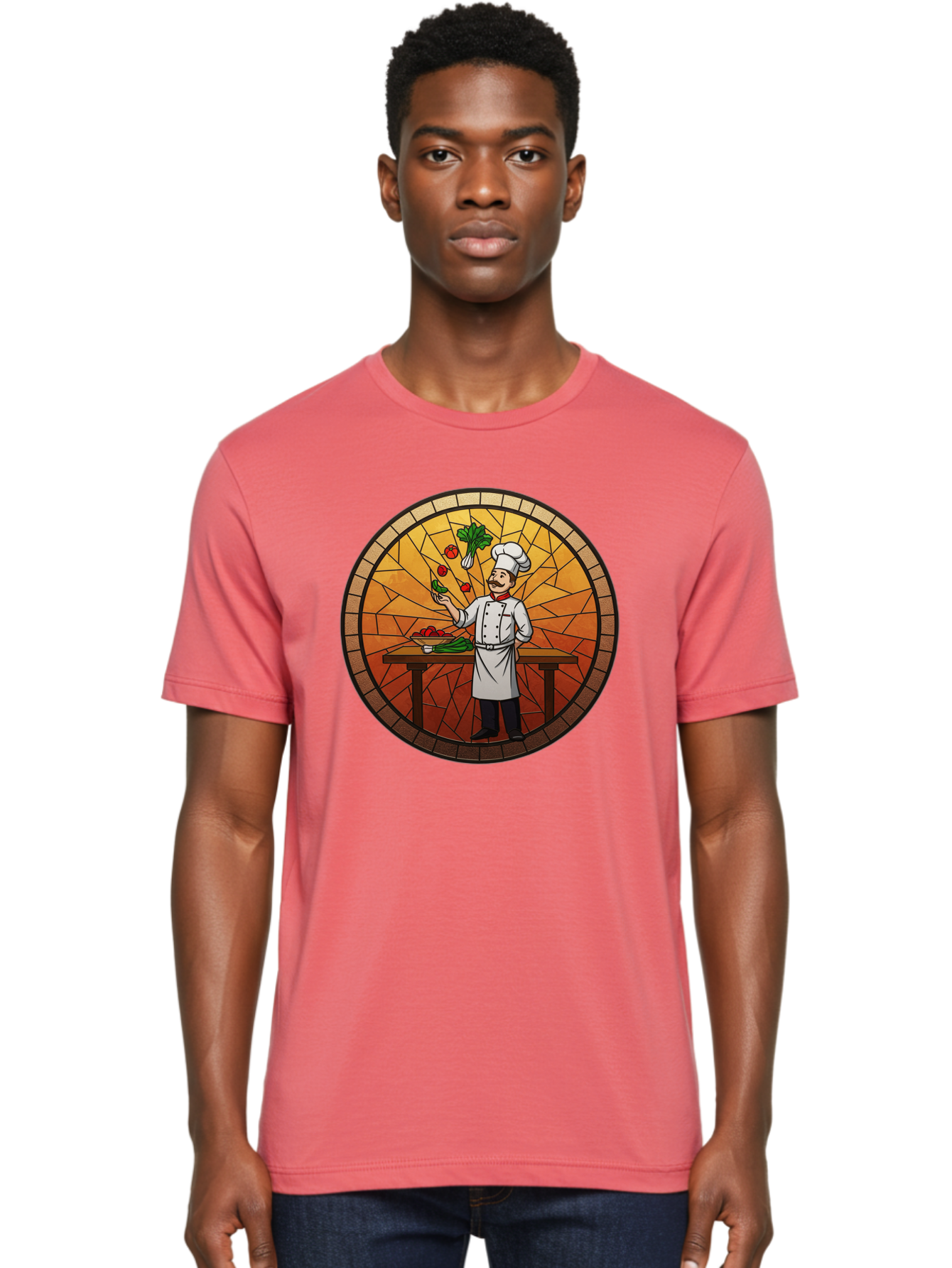 Chef-Juggling-Vegetables Men'S Graphic Tee, 100% Cotton, Comfortable Casual Summer Wear, Machine Washable, Chef Juggling Vegetables, Cooking Art, Stained Glass Style, Culinary Skills, Kitchen Scene, Fresh Produce, Chef'S Hat, Cooking Uniform Bac833