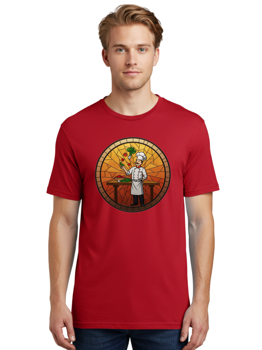 Chef-Juggling-Vegetables Men'S Graphic Tee, 100% Cotton, Comfortable Casual Summer Wear, Machine Washable, Chef Juggling Vegetables, Cooking Art, Stained Glass Style, Culinary Skills, Kitchen Scene, Fresh Produce, Chef'S Hat, Cooking Uniform Bac833