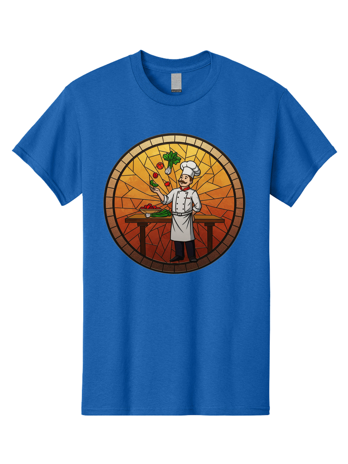 Chef-Juggling-Vegetables Men'S Graphic Tee, 100% Cotton, Comfortable Casual Summer Wear, Machine Washable, Chef Juggling Vegetables, Cooking Art, Stained Glass Style, Culinary Skills, Kitchen Scene, Fresh Produce, Chef'S Hat, Cooking Uniform Bac833