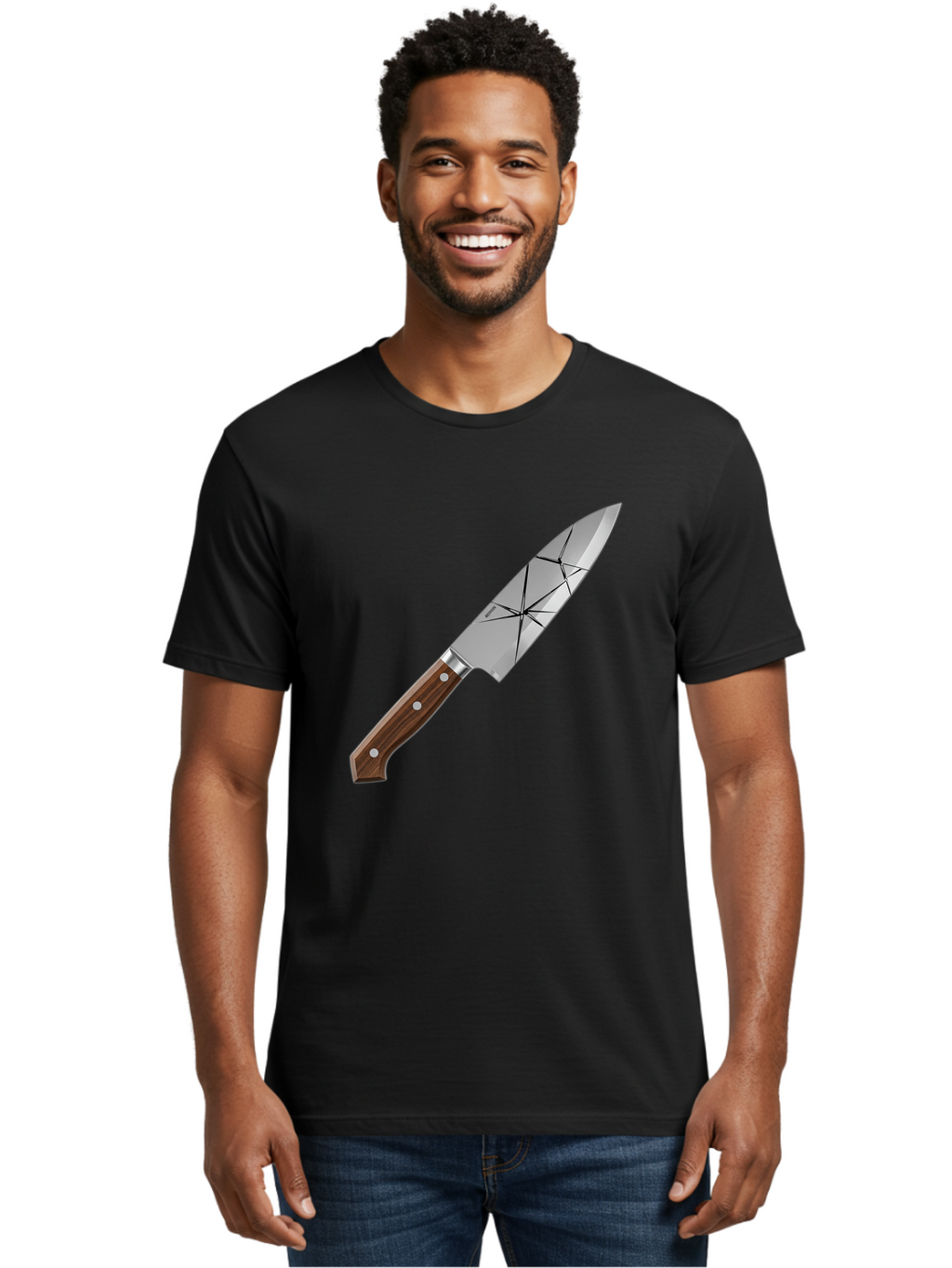 Chef-Knife-1 Men'S Graphic Tee, 100% Cotton, Comfortable Casual Summer Wear, Machine Washable, Sharp Knife, Kitchen Knife, Chef'S Knife, Stainless Steel, Wooden Handle, Silver Rivets, Geometric Pattern, Modern Design, Cutting Tool, Bac834