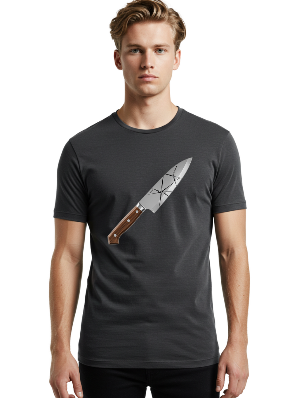 Chef-Knife-1 Men'S Graphic Tee, 100% Cotton, Comfortable Casual Summer Wear, Machine Washable, Sharp Knife, Kitchen Knife, Chef'S Knife, Stainless Steel, Wooden Handle, Silver Rivets, Geometric Pattern, Modern Design, Cutting Tool, Bac834