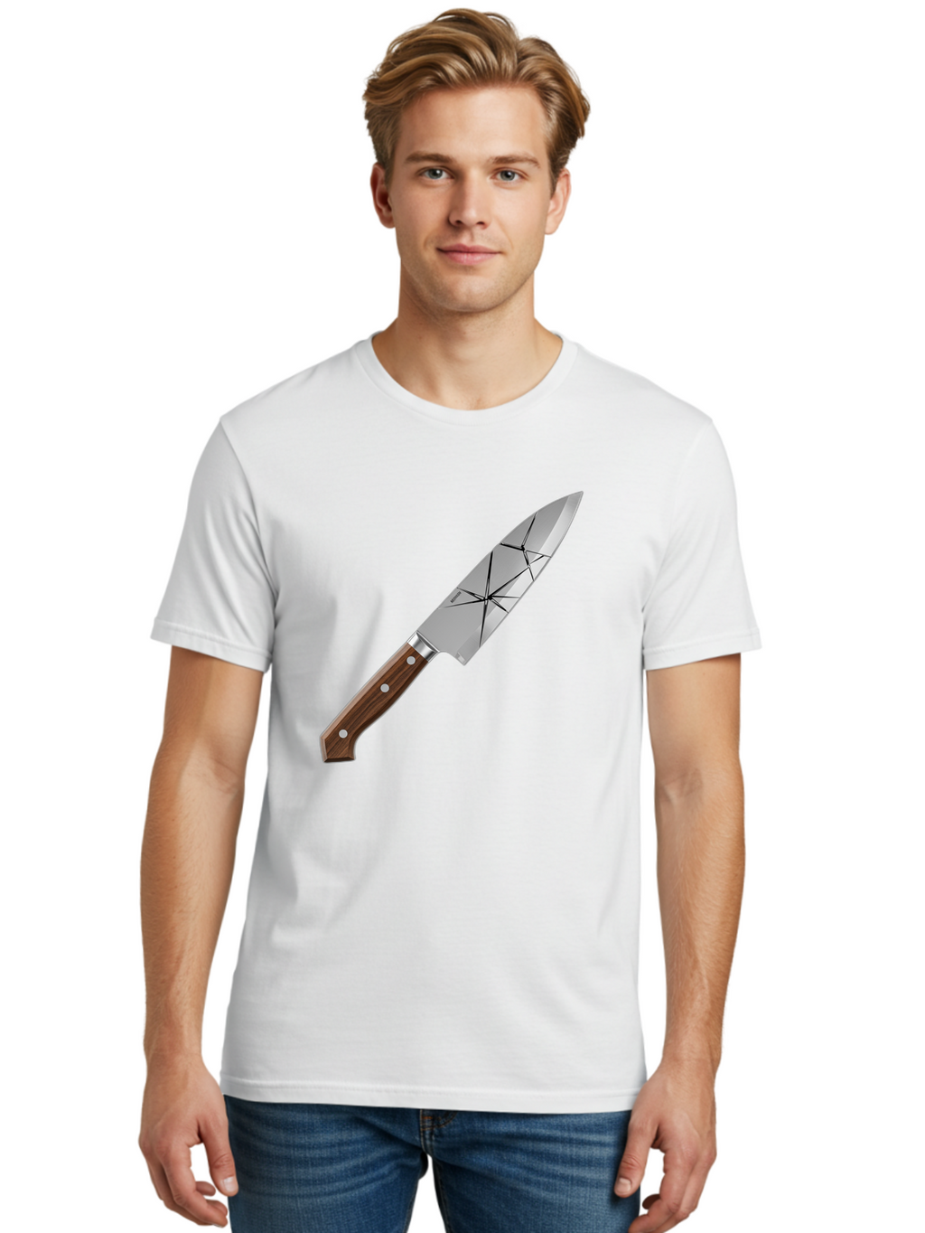 Chef-Knife-1 Men'S Graphic Tee, 100% Cotton, Comfortable Casual Summer Wear, Machine Washable, Sharp Knife, Kitchen Knife, Chef'S Knife, Stainless Steel, Wooden Handle, Silver Rivets, Geometric Pattern, Modern Design, Cutting Tool, Bac834