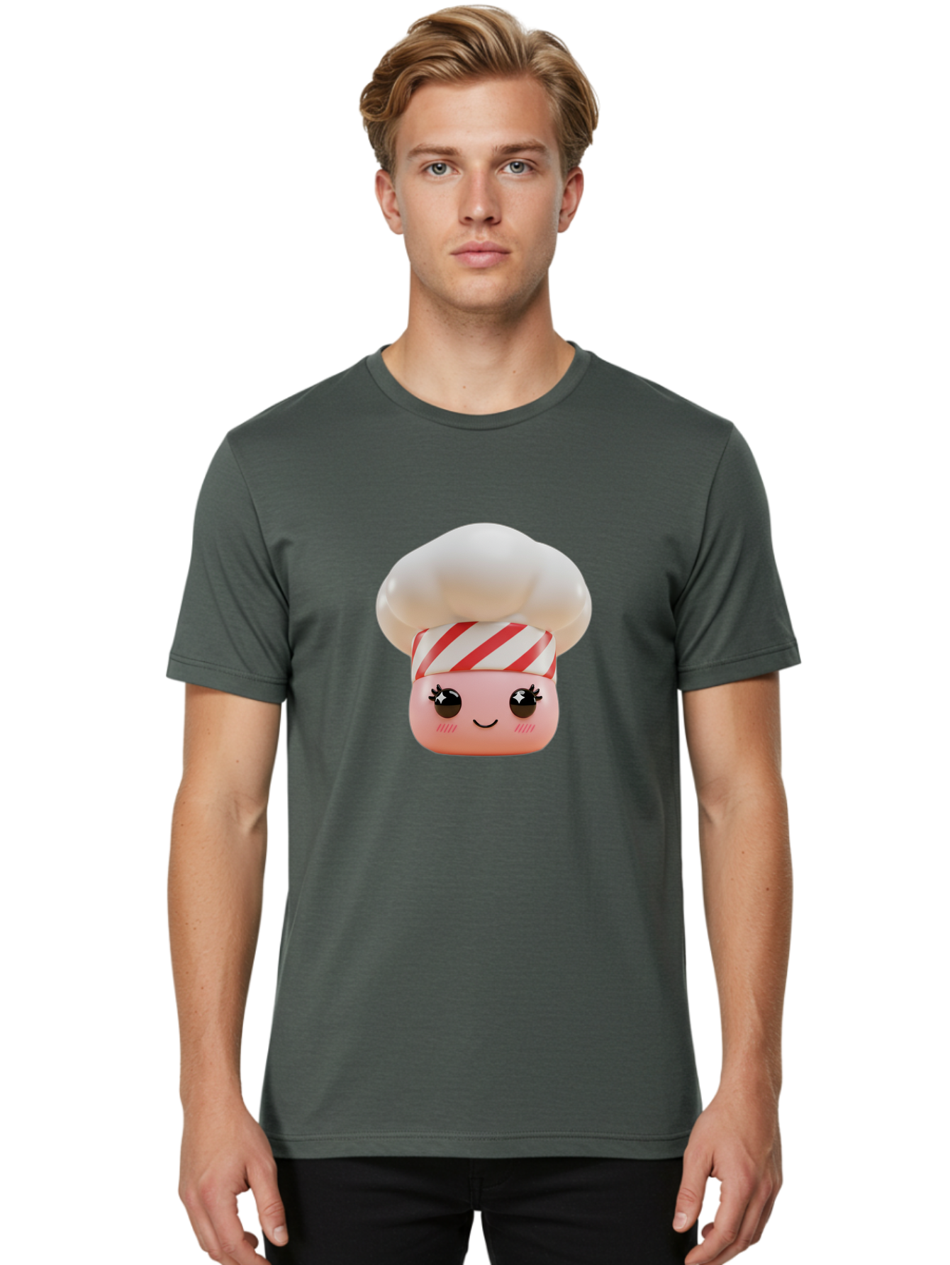 Chef-Marshmallow Men'S Graphic Tee, 100% Cotton, Comfortable Casual Summer Wear, Machine Washable, Candy Character, Chef Illustration, Pastel Pink Face, Red And White Striped Hat, Whimsical Design, Playful, Bakery Goods, Sweet Treats, Kawaii Bac836