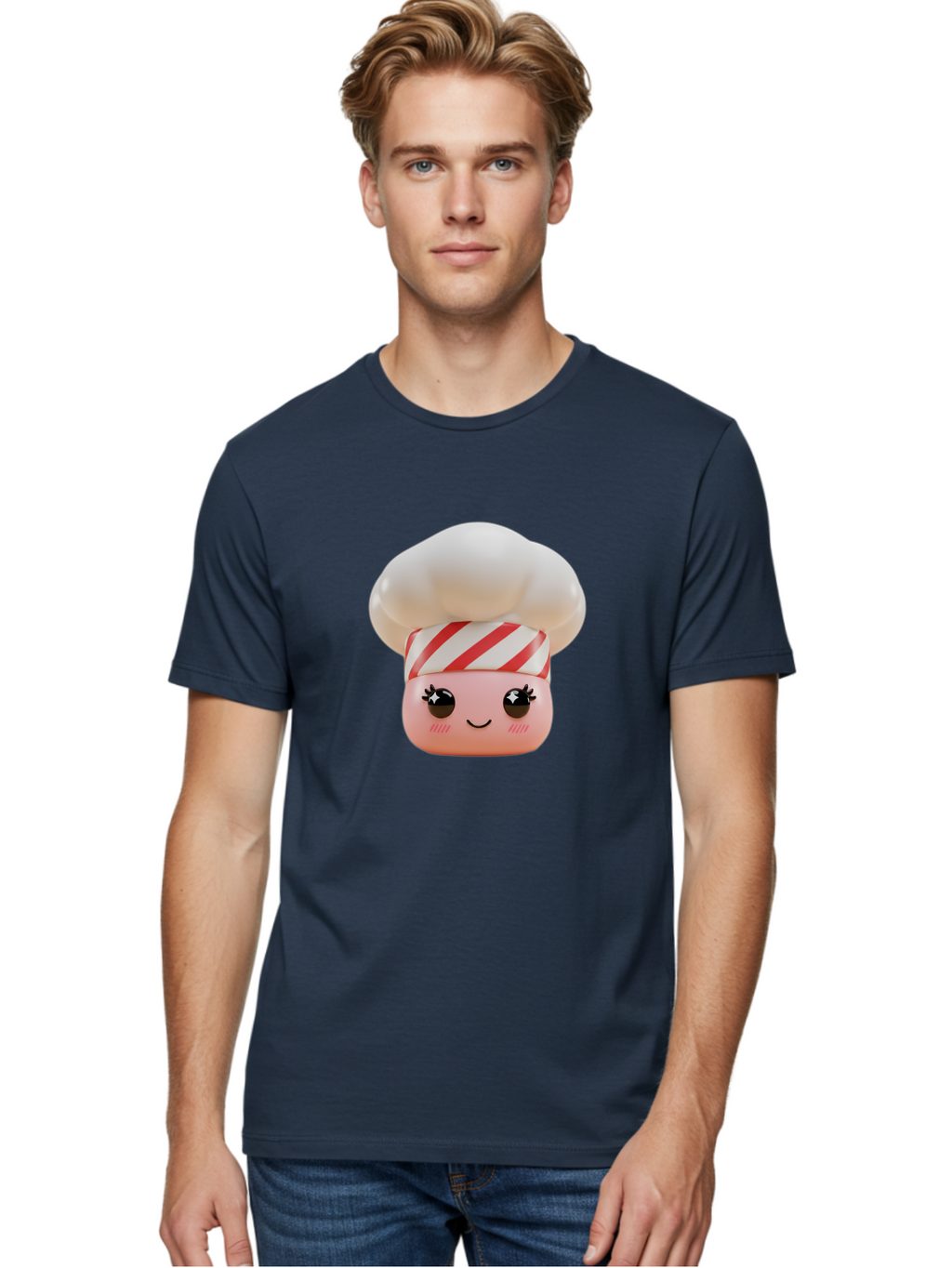 Chef-Marshmallow Men'S Graphic Tee, 100% Cotton, Comfortable Casual Summer Wear, Machine Washable, Candy Character, Chef Illustration, Pastel Pink Face, Red And White Striped Hat, Whimsical Design, Playful, Bakery Goods, Sweet Treats, Kawaii Bac836