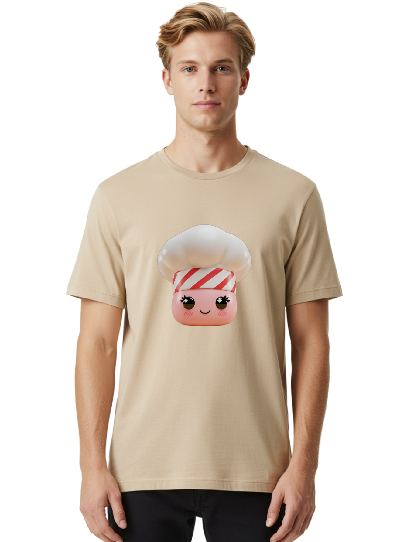 Chef-Marshmallow Men'S Graphic Tee, 100% Cotton, Comfortable Casual Summer Wear, Machine Washable, Candy Character, Chef Illustration, Pastel Pink Face, Red And White Striped Hat, Whimsical Design, Playful, Bakery Goods, Sweet Treats, Kawaii Bac836