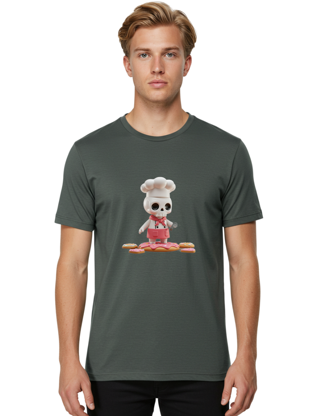 Chef-Skeleton Men'S Graphic Tee, 100% Cotton, Comfortable Casual Summer Wear, Machine Washable, Skull Chef Figurine, Chef Hat, Red Apron, Kitchen Utensils, Donut Decorations, Sweet Treats, Culinary Art, Figurine Art, Whimsical Design, Bac837