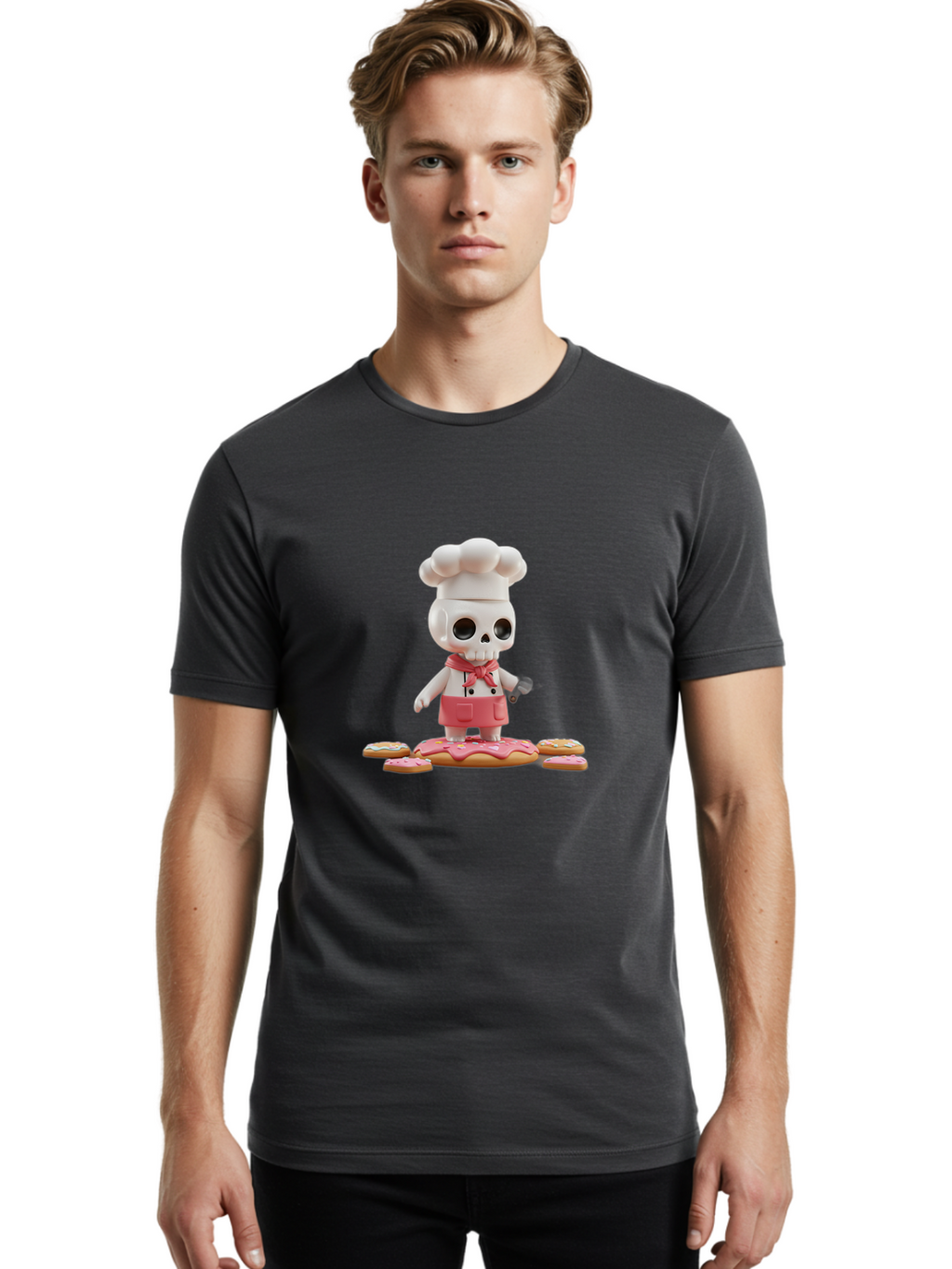 Chef-Skeleton Men'S Graphic Tee, 100% Cotton, Comfortable Casual Summer Wear, Machine Washable, Skull Chef Figurine, Chef Hat, Red Apron, Kitchen Utensils, Donut Decorations, Sweet Treats, Culinary Art, Figurine Art, Whimsical Design, Bac837