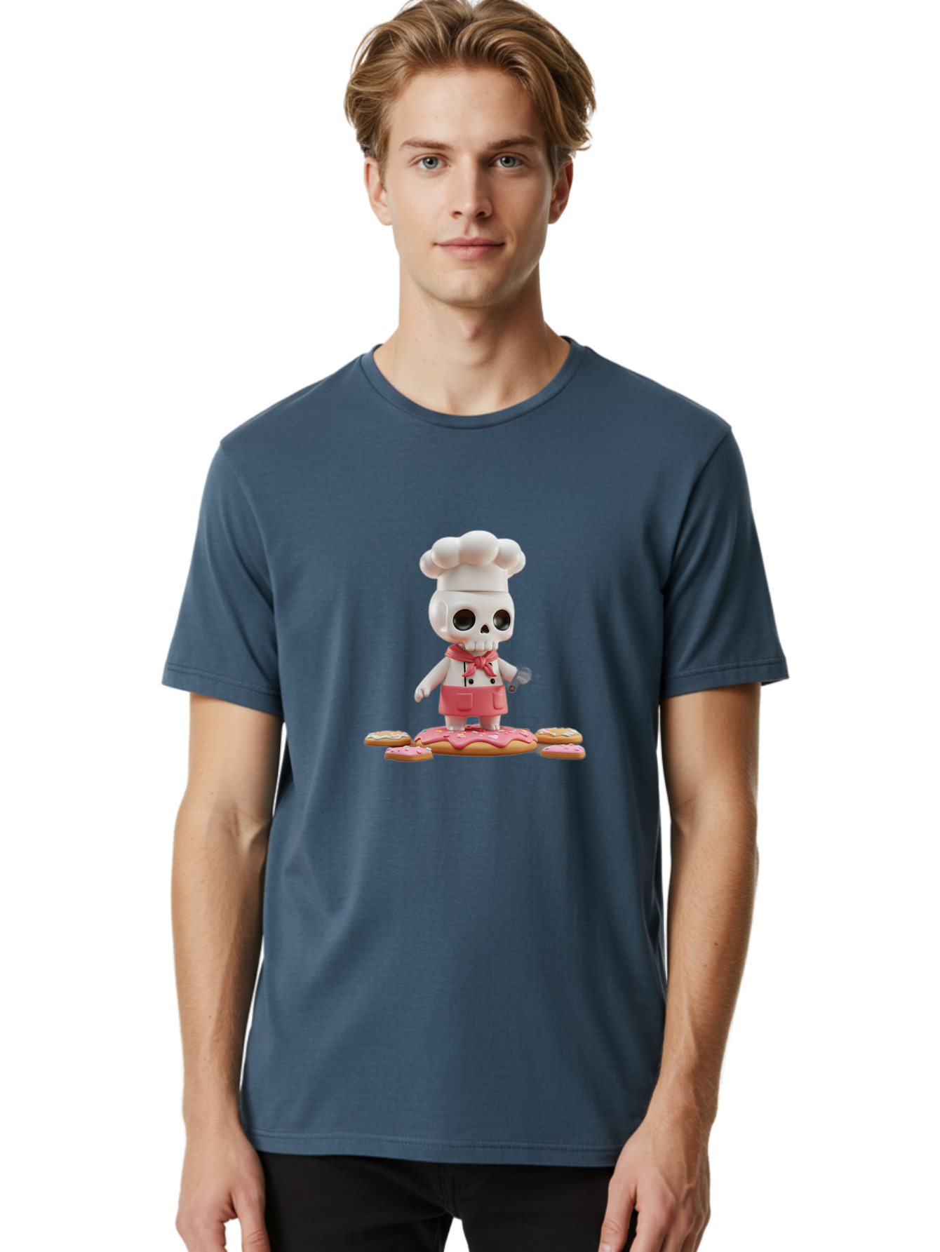 Chef-Skeleton Men'S Graphic Tee, 100% Cotton, Comfortable Casual Summer Wear, Machine Washable, Skull Chef Figurine, Chef Hat, Red Apron, Kitchen Utensils, Donut Decorations, Sweet Treats, Culinary Art, Figurine Art, Whimsical Design, Bac837