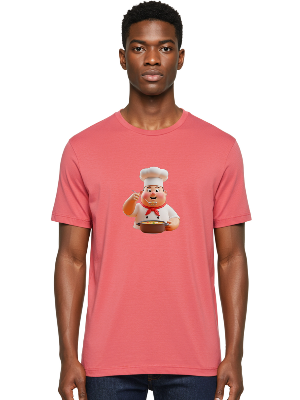 Chef-Tasting-Soup Men'S Graphic Tee, 100% Cotton, Comfortable Casual Summer Wear, Machine Washable, Chef Holding Pot, Serving Soup, Culinary Art, Chef Hat, Red Scarf, Cooking, Delicious Meal, Gourmet Cuisine, Savory Flavors, Food Presentation, Bac839