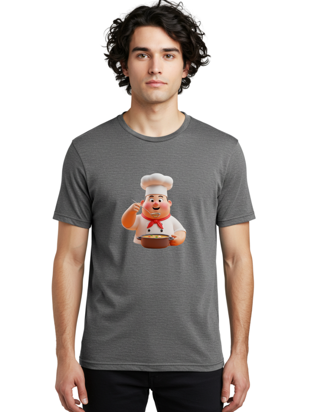 Chef-Tasting-Soup Men'S Graphic Tee, 100% Cotton, Comfortable Casual Summer Wear, Machine Washable, Chef Holding Pot, Serving Soup, Culinary Art, Chef Hat, Red Scarf, Cooking, Delicious Meal, Gourmet Cuisine, Savory Flavors, Food Presentation, Bac839
