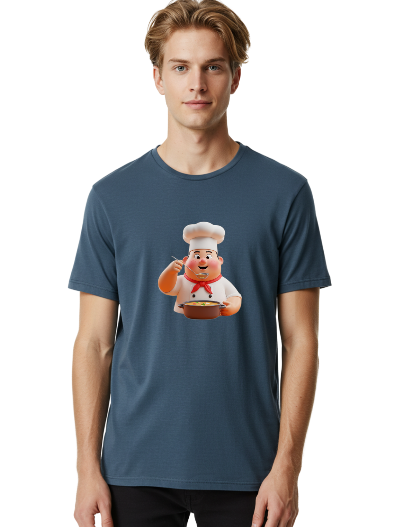 Chef-Tasting-Soup Men'S Graphic Tee, 100% Cotton, Comfortable Casual Summer Wear, Machine Washable, Chef Holding Pot, Serving Soup, Culinary Art, Chef Hat, Red Scarf, Cooking, Delicious Meal, Gourmet Cuisine, Savory Flavors, Food Presentation, Bac839