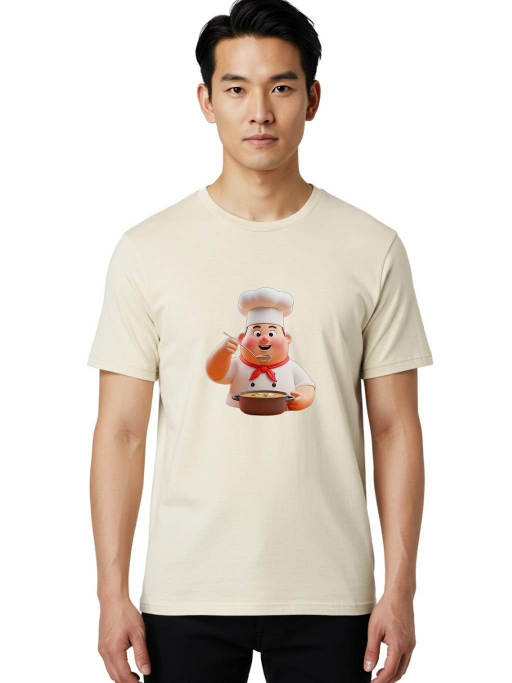 Chef-Tasting-Soup Men'S Graphic Tee, 100% Cotton, Comfortable Casual Summer Wear, Machine Washable, Chef Holding Pot, Serving Soup, Culinary Art, Chef Hat, Red Scarf, Cooking, Delicious Meal, Gourmet Cuisine, Savory Flavors, Food Presentation, Bac839