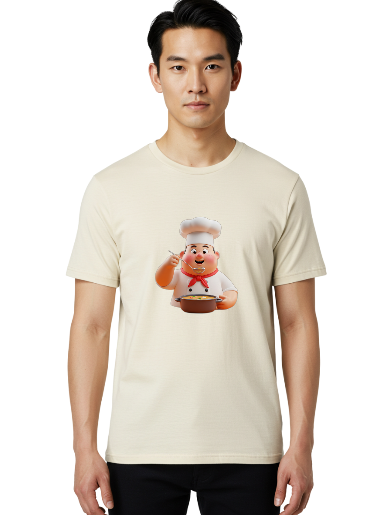 Chef-Tasting-Soup Men'S Graphic Tee, 100% Cotton, Comfortable Casual Summer Wear, Machine Washable, Chef Holding Pot, Serving Soup, Culinary Art, Chef Hat, Red Scarf, Cooking, Delicious Meal, Gourmet Cuisine, Savory Flavors, Food Presentation, Bac839