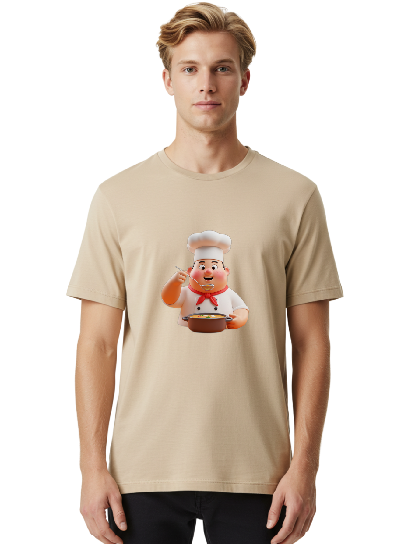 Chef-Tasting-Soup Men'S Graphic Tee, 100% Cotton, Comfortable Casual Summer Wear, Machine Washable, Chef Holding Pot, Serving Soup, Culinary Art, Chef Hat, Red Scarf, Cooking, Delicious Meal, Gourmet Cuisine, Savory Flavors, Food Presentation, Bac839