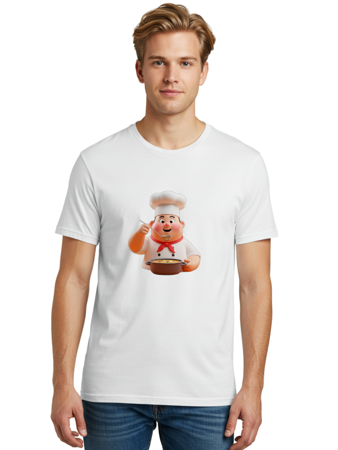 Chef-Tasting-Soup Men'S Graphic Tee, 100% Cotton, Comfortable Casual Summer Wear, Machine Washable, Chef Holding Pot, Serving Soup, Culinary Art, Chef Hat, Red Scarf, Cooking, Delicious Meal, Gourmet Cuisine, Savory Flavors, Food Presentation, Bac839