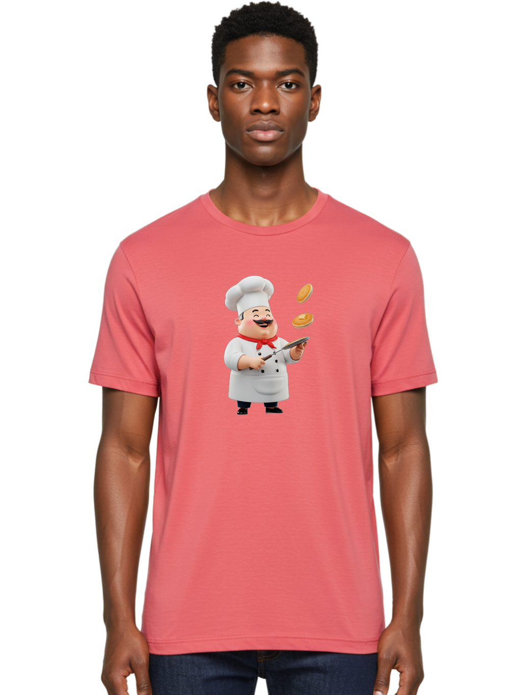 Chef-Tossing-Pancakes Men'S Graphic Tee, 100% Cotton, Comfortable Casual Summer Wear, Machine Washable, Chef Cooking Pancakes, Happy Chef, Kitchen Fun, Breakfast Cooking, Food Preparation, Chef Hat, Cooking With Love, Pancakes In Air, Bac840