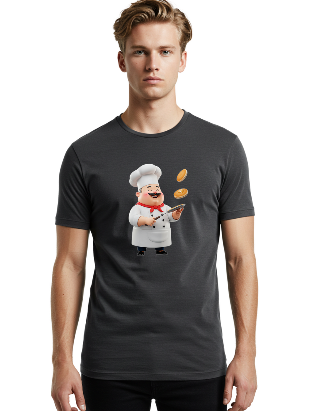 Chef-Tossing-Pancakes Men'S Graphic Tee, 100% Cotton, Comfortable Casual Summer Wear, Machine Washable, Chef Cooking Pancakes, Happy Chef, Kitchen Fun, Breakfast Cooking, Food Preparation, Chef Hat, Cooking With Love, Pancakes In Air, Bac840