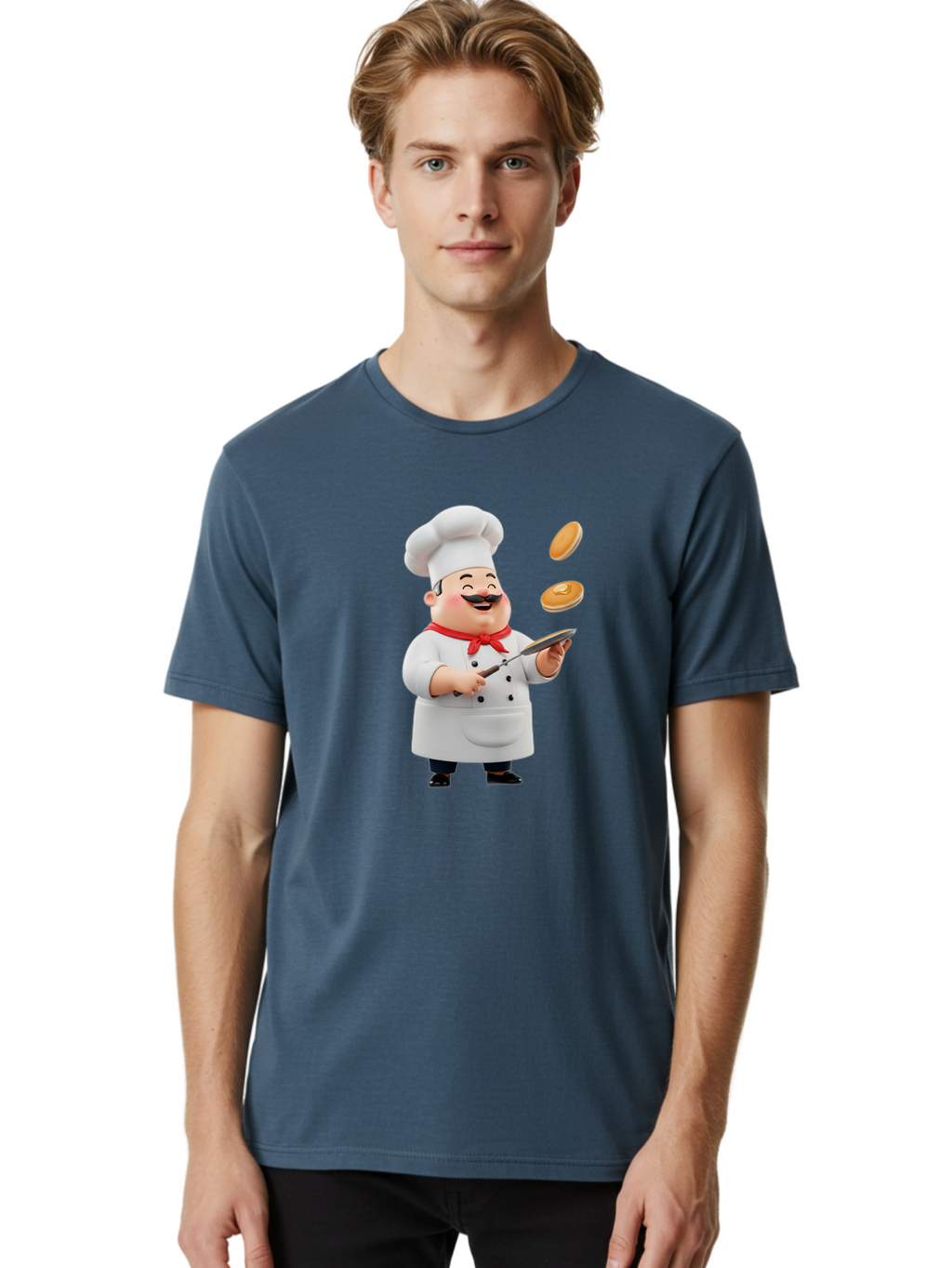 Chef-Tossing-Pancakes Men'S Graphic Tee, 100% Cotton, Comfortable Casual Summer Wear, Machine Washable, Chef Cooking Pancakes, Happy Chef, Kitchen Fun, Breakfast Cooking, Food Preparation, Chef Hat, Cooking With Love, Pancakes In Air, Bac840
