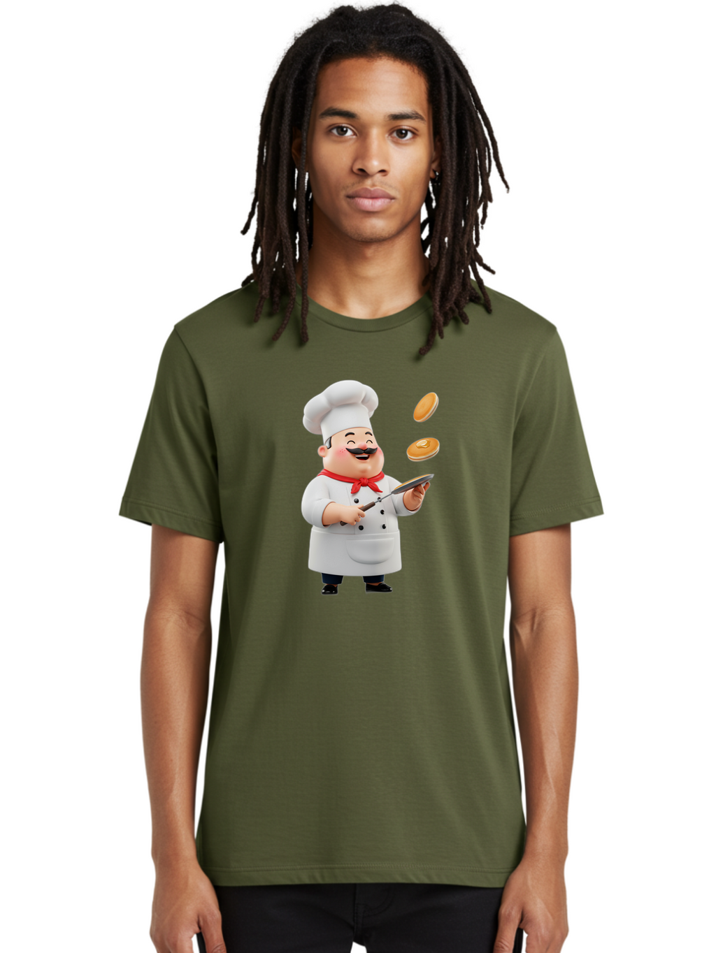 Chef-Tossing-Pancakes Men'S Graphic Tee, 100% Cotton, Comfortable Casual Summer Wear, Machine Washable, Chef Cooking Pancakes, Happy Chef, Kitchen Fun, Breakfast Cooking, Food Preparation, Chef Hat, Cooking With Love, Pancakes In Air, Bac840