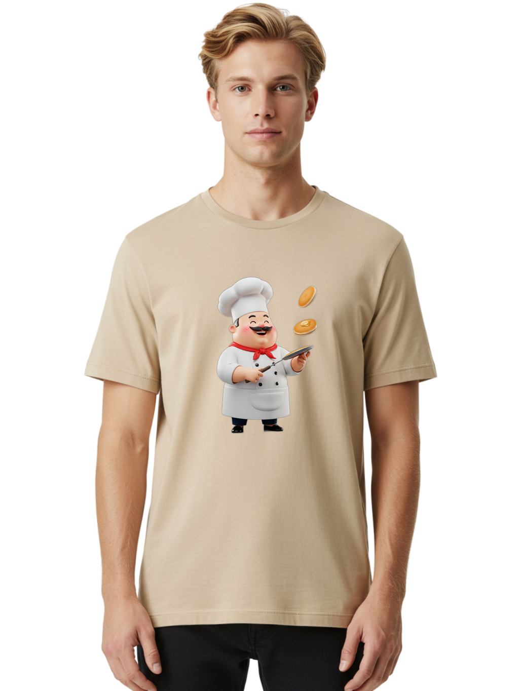 Chef-Tossing-Pancakes Men'S Graphic Tee, 100% Cotton, Comfortable Casual Summer Wear, Machine Washable, Chef Cooking Pancakes, Happy Chef, Kitchen Fun, Breakfast Cooking, Food Preparation, Chef Hat, Cooking With Love, Pancakes In Air, Bac840