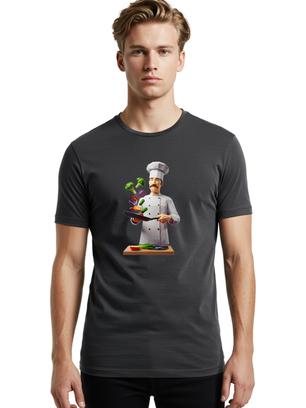 Chef-Tossing-Vegetables Men'S Graphic Tee, 100% Cotton, Comfortable Casual Summer Wear, Machine Washable, Chef Tossing Vegetables, Cooking Skills, Kitchen Magic, Healthy Eating, Food Preparation, Culinary Art, Vegetable Stir-Fry, Bac841