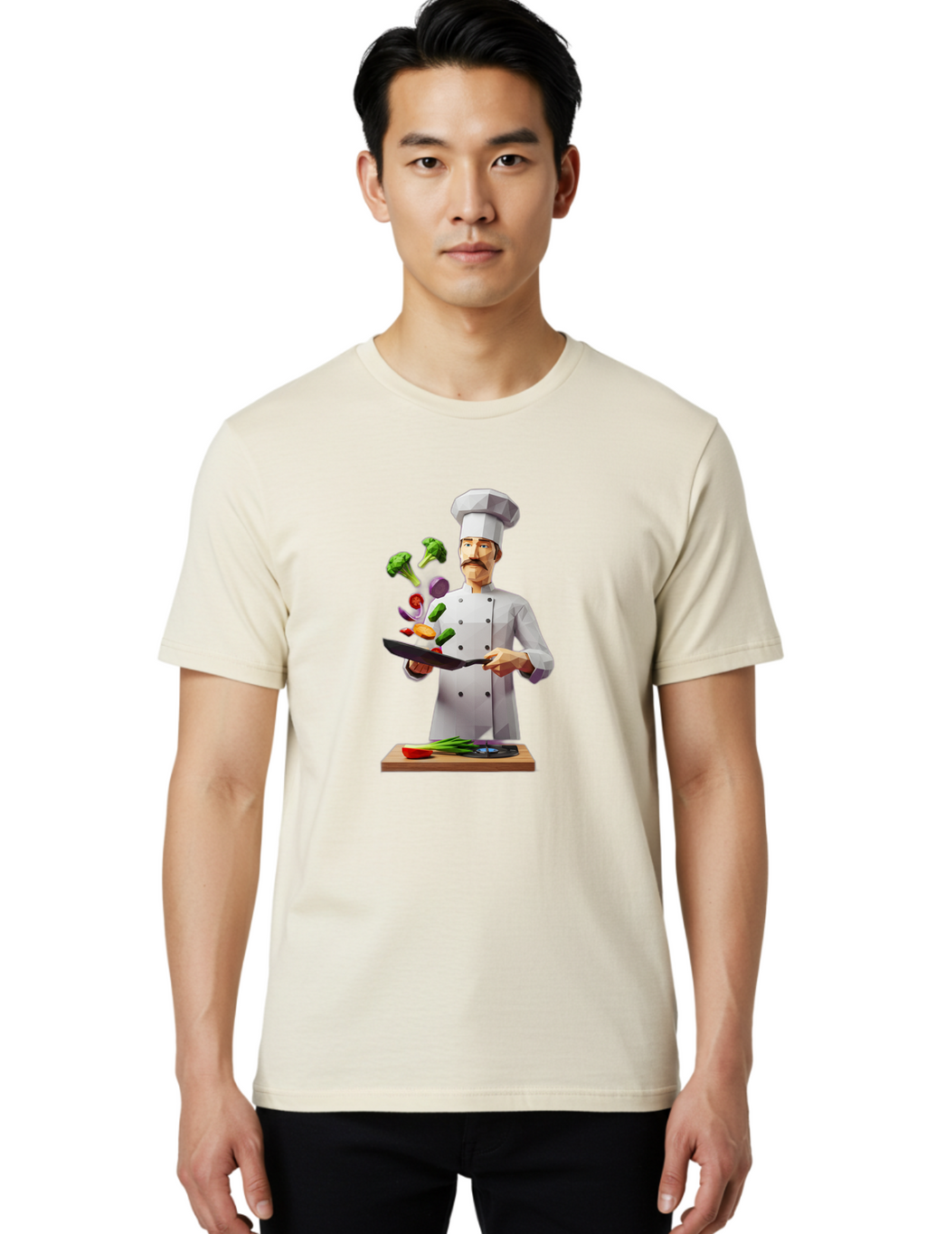Chef-Tossing-Vegetables Men'S Graphic Tee, 100% Cotton, Comfortable Casual Summer Wear, Machine Washable, Chef Tossing Vegetables, Cooking Skills, Kitchen Magic, Healthy Eating, Food Preparation, Culinary Art, Vegetable Stir-Fry, Bac841