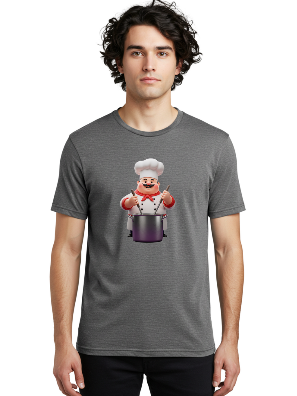 Chef-With-Mustache Men'S Graphic Tee, 100% Cotton, Comfortable Casual Summer Wear, Machine Washable, Cartoon Chef, Cooking Utensils, Kitchen Tools, Chef Hat, Chef Coat, Red Neckerchief, Mustache, Large Pot, Cooking Spoons, Culinary Art, Bac842