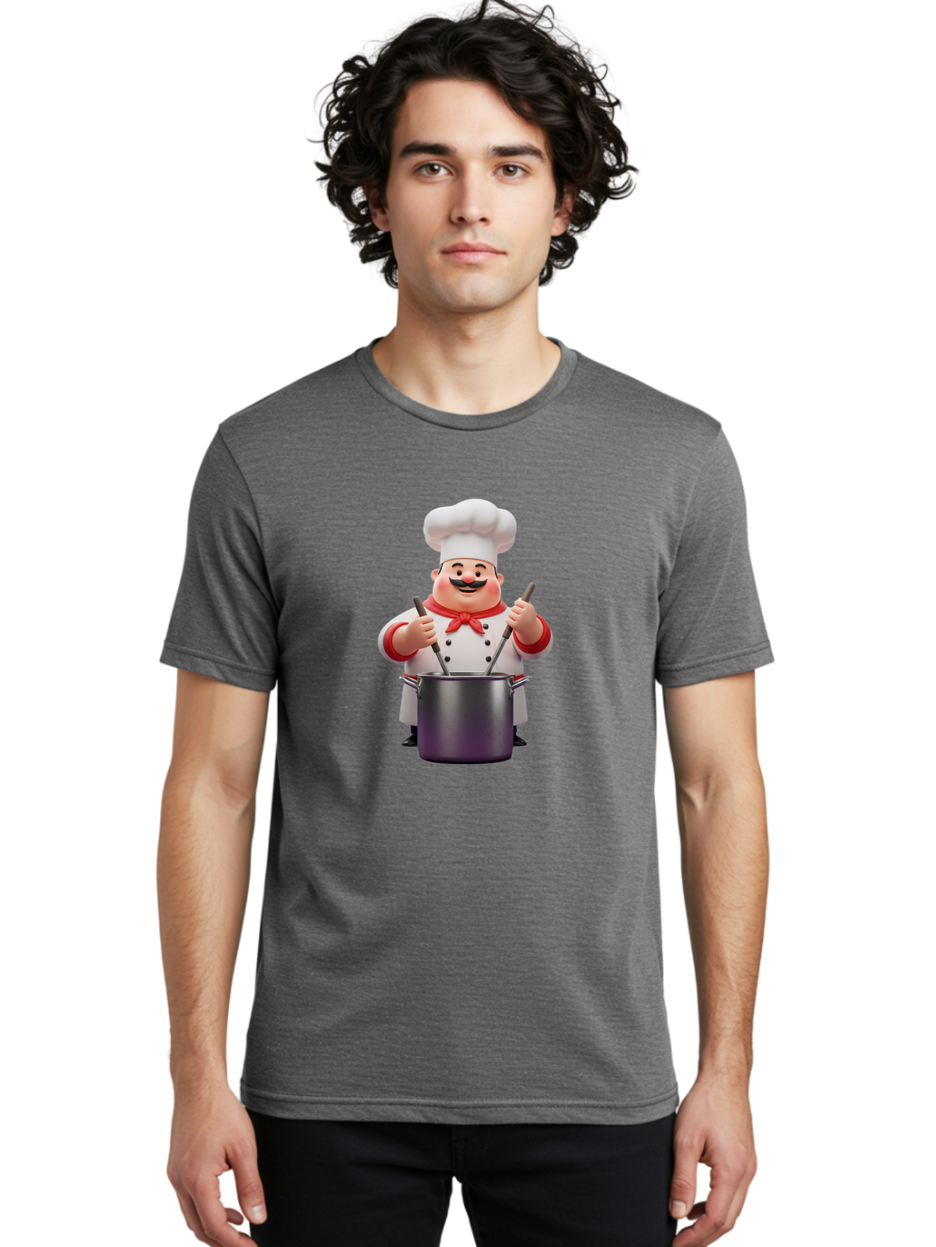 Chef-With-Mustache Men'S Graphic Tee, 100% Cotton, Comfortable Casual Summer Wear, Machine Washable, Cartoon Chef, Cooking Utensils, Kitchen Tools, Chef Hat, Chef Coat, Red Neckerchief, Mustache, Large Pot, Cooking Spoons, Culinary Art, Bac842