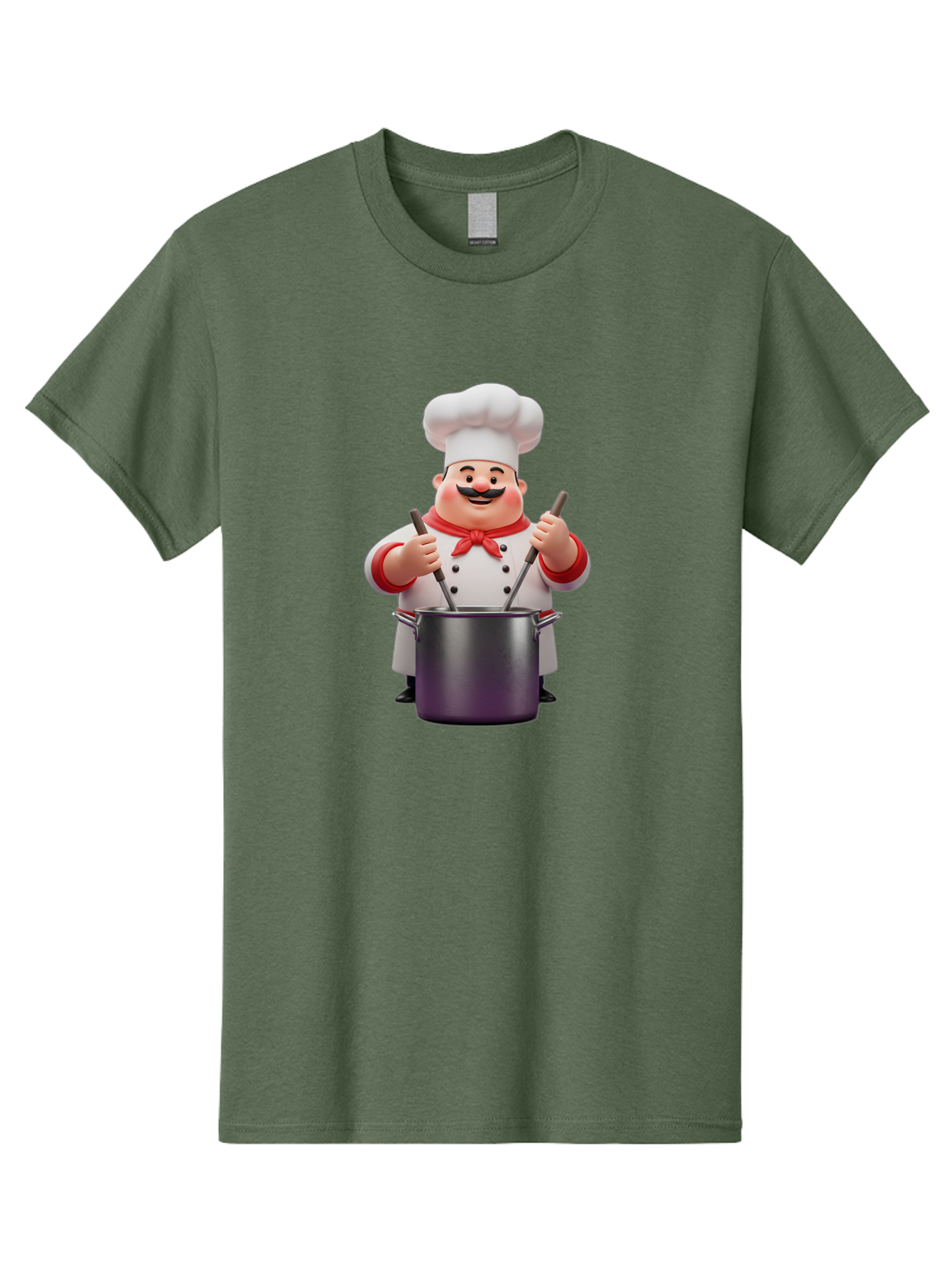 Chef-With-Mustache Men'S Graphic Tee, 100% Cotton, Comfortable Casual Summer Wear, Machine Washable, Cartoon Chef, Cooking Utensils, Kitchen Tools, Chef Hat, Chef Coat, Red Neckerchief, Mustache, Large Pot, Cooking Spoons, Culinary Art, Bac842