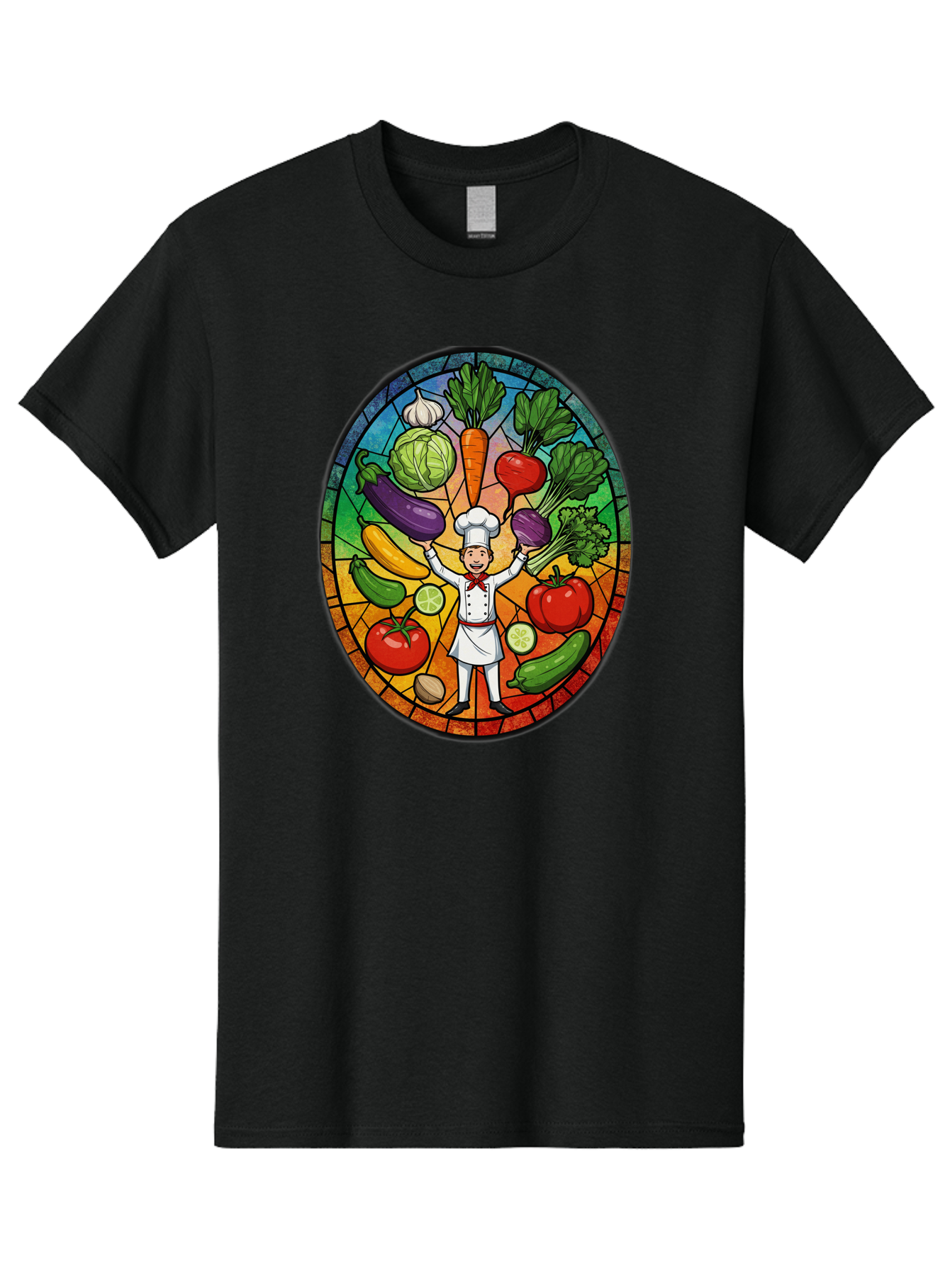 Chef-With-Vegetables Men'S Graphic Tee, 100% Cotton, Comfortable Casual Summer Wear, Machine Washable, Cartoon Chef, Fresh Vegetables, Healthy Food, Stained Glass Style, Vibrant Colors, Chef'S Hat, White Uniform, Red Scarf, Happy Chef, Bac843