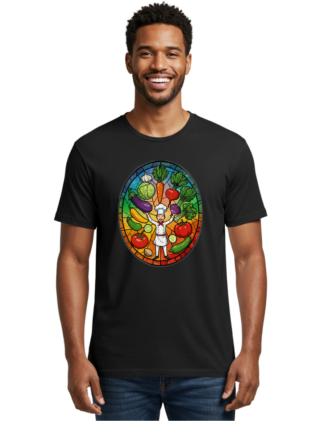 Chef-With-Vegetables Men'S Graphic Tee, 100% Cotton, Comfortable Casual Summer Wear, Machine Washable, Cartoon Chef, Fresh Vegetables, Healthy Food, Stained Glass Style, Vibrant Colors, Chef'S Hat, White Uniform, Red Scarf, Happy Chef, Bac843