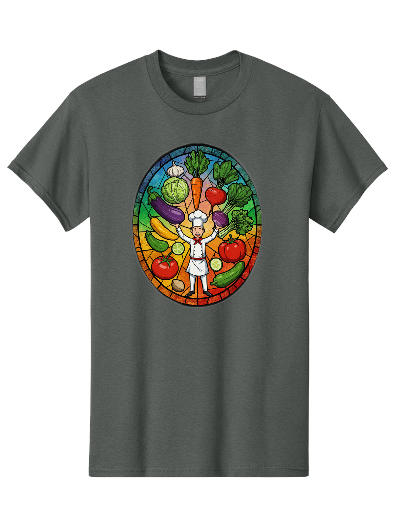 Chef-With-Vegetables Men'S Graphic Tee, 100% Cotton, Comfortable Casual Summer Wear, Machine Washable, Cartoon Chef, Fresh Vegetables, Healthy Food, Stained Glass Style, Vibrant Colors, Chef'S Hat, White Uniform, Red Scarf, Happy Chef, Bac843