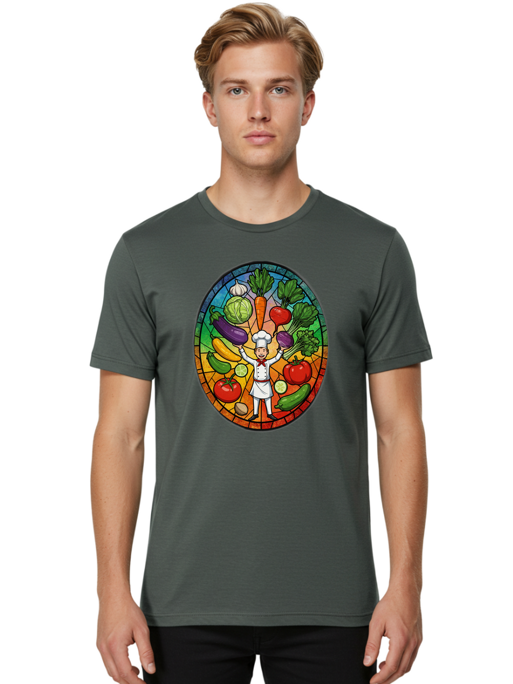 Chef-With-Vegetables Men'S Graphic Tee, 100% Cotton, Comfortable Casual Summer Wear, Machine Washable, Cartoon Chef, Fresh Vegetables, Healthy Food, Stained Glass Style, Vibrant Colors, Chef'S Hat, White Uniform, Red Scarf, Happy Chef, Bac843