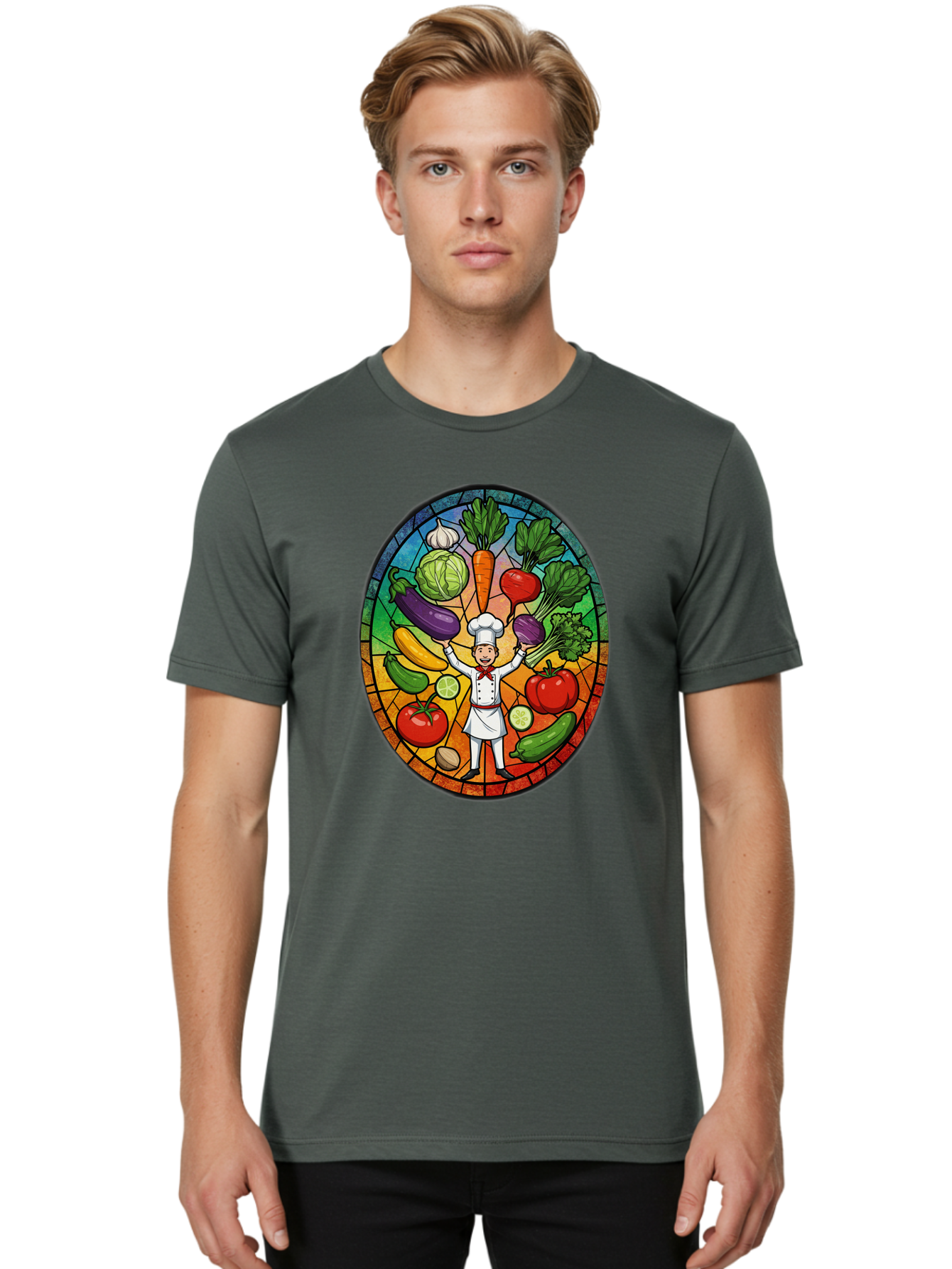 Chef-With-Vegetables Men'S Graphic Tee, 100% Cotton, Comfortable Casual Summer Wear, Machine Washable, Cartoon Chef, Fresh Vegetables, Healthy Food, Stained Glass Style, Vibrant Colors, Chef'S Hat, White Uniform, Red Scarf, Happy Chef, Bac843