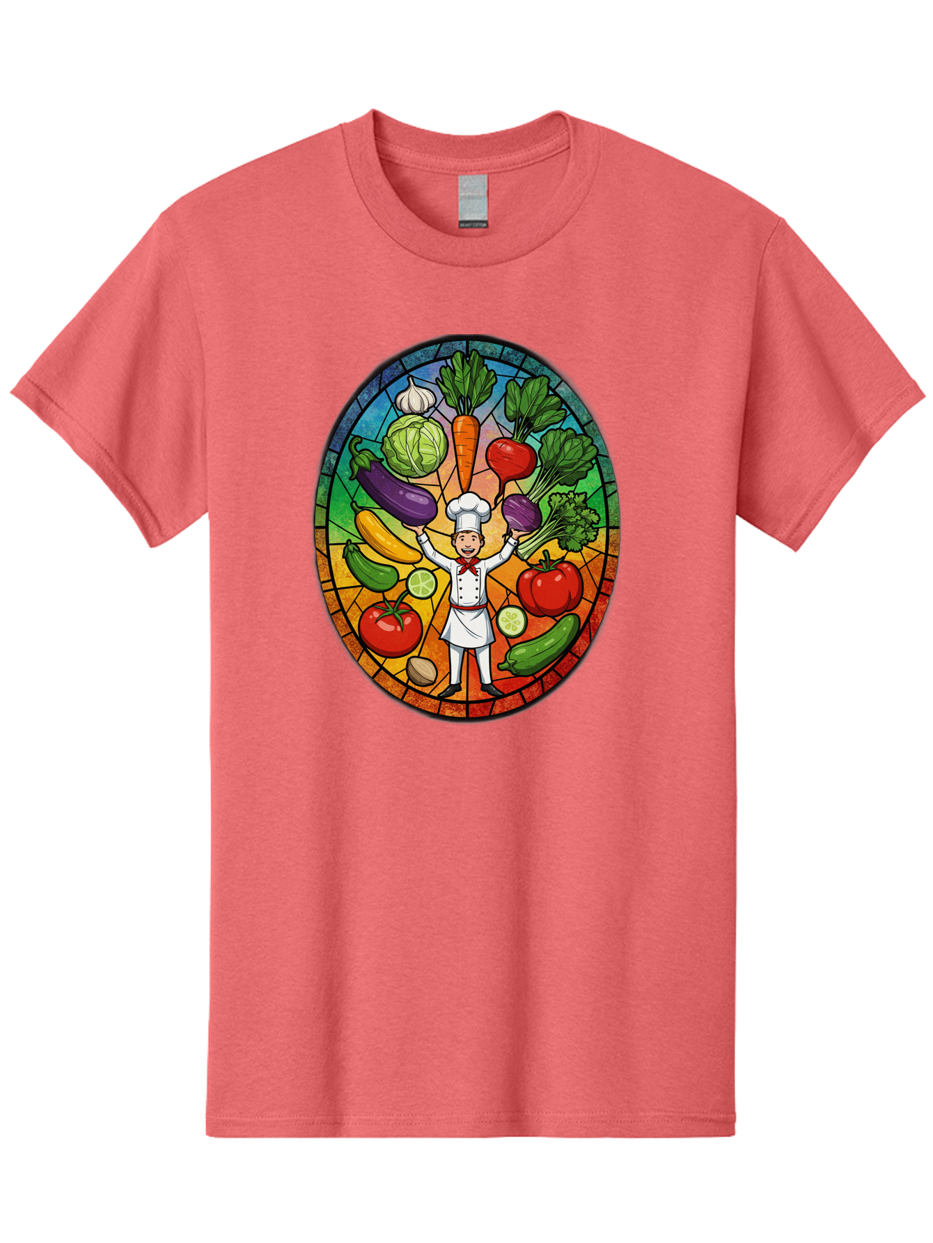 Chef-With-Vegetables Men'S Graphic Tee, 100% Cotton, Comfortable Casual Summer Wear, Machine Washable, Cartoon Chef, Fresh Vegetables, Healthy Food, Stained Glass Style, Vibrant Colors, Chef'S Hat, White Uniform, Red Scarf, Happy Chef, Bac843