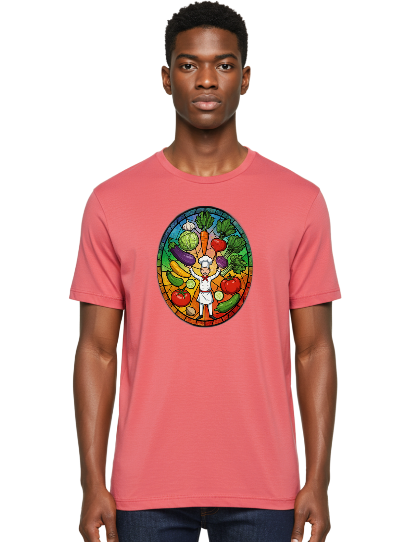 Chef-With-Vegetables Men'S Graphic Tee, 100% Cotton, Comfortable Casual Summer Wear, Machine Washable, Cartoon Chef, Fresh Vegetables, Healthy Food, Stained Glass Style, Vibrant Colors, Chef'S Hat, White Uniform, Red Scarf, Happy Chef, Bac843