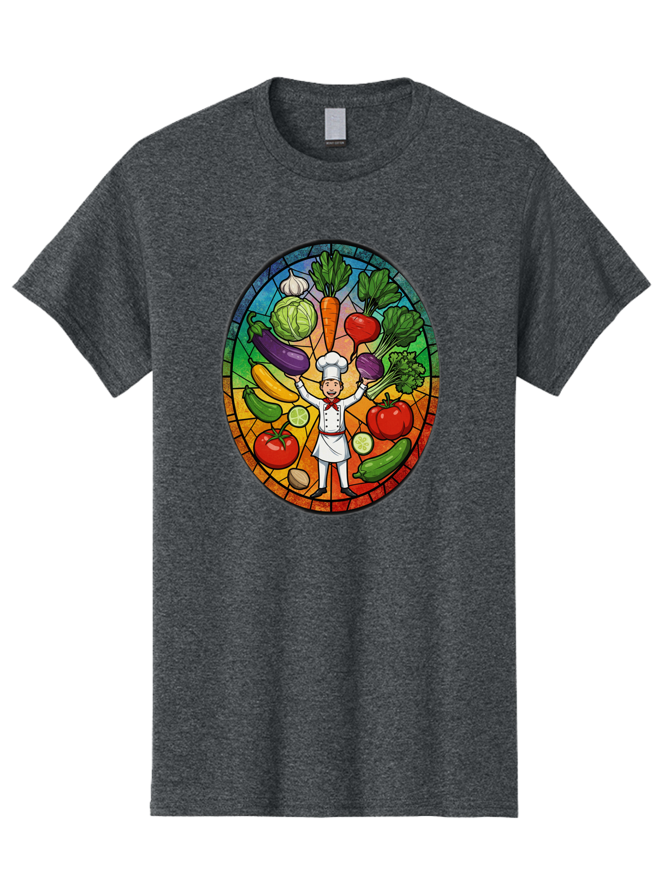 Chef-With-Vegetables Men'S Graphic Tee, 100% Cotton, Comfortable Casual Summer Wear, Machine Washable, Cartoon Chef, Fresh Vegetables, Healthy Food, Stained Glass Style, Vibrant Colors, Chef'S Hat, White Uniform, Red Scarf, Happy Chef, Bac843