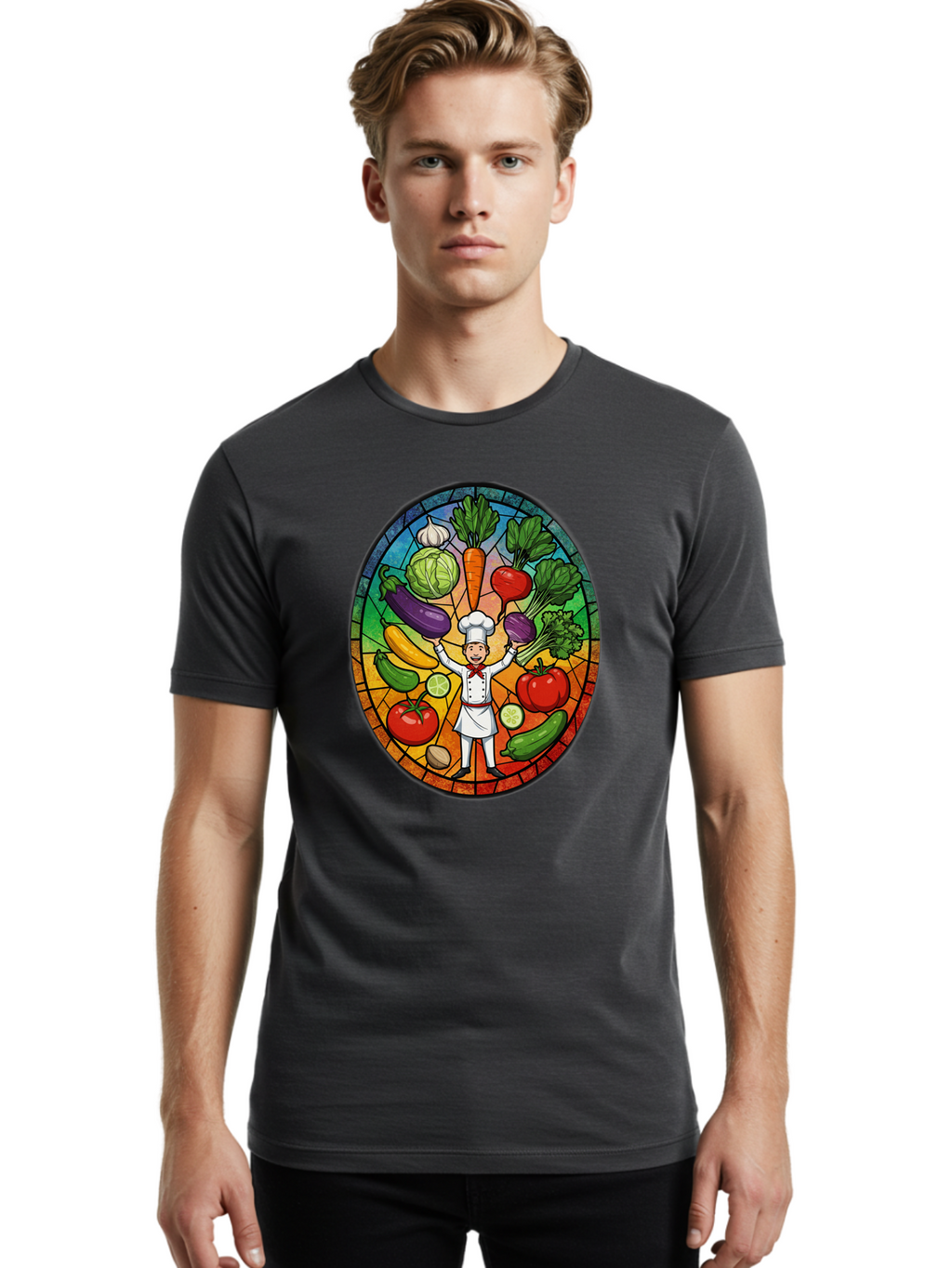 Chef-With-Vegetables Men'S Graphic Tee, 100% Cotton, Comfortable Casual Summer Wear, Machine Washable, Cartoon Chef, Fresh Vegetables, Healthy Food, Stained Glass Style, Vibrant Colors, Chef'S Hat, White Uniform, Red Scarf, Happy Chef, Bac843