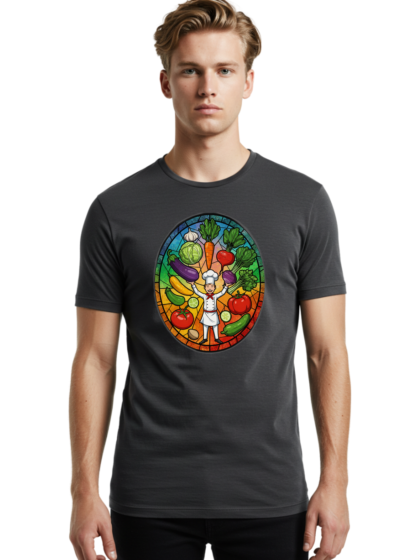 Chef-With-Vegetables Men'S Graphic Tee, 100% Cotton, Comfortable Casual Summer Wear, Machine Washable, Cartoon Chef, Fresh Vegetables, Healthy Food, Stained Glass Style, Vibrant Colors, Chef'S Hat, White Uniform, Red Scarf, Happy Chef, Bac843