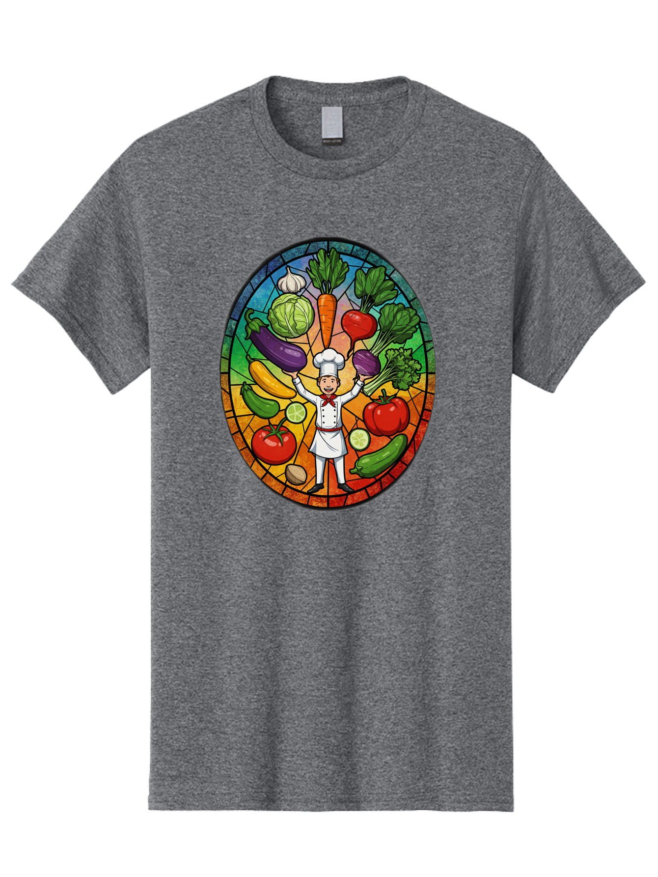 Chef-With-Vegetables Men'S Graphic Tee, 100% Cotton, Comfortable Casual Summer Wear, Machine Washable, Cartoon Chef, Fresh Vegetables, Healthy Food, Stained Glass Style, Vibrant Colors, Chef'S Hat, White Uniform, Red Scarf, Happy Chef, Bac843