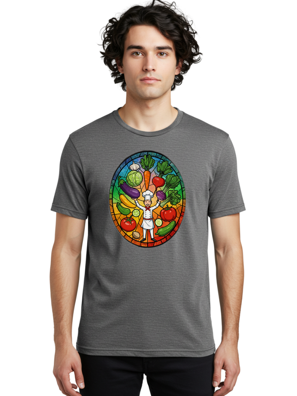 Chef-With-Vegetables Men'S Graphic Tee, 100% Cotton, Comfortable Casual Summer Wear, Machine Washable, Cartoon Chef, Fresh Vegetables, Healthy Food, Stained Glass Style, Vibrant Colors, Chef'S Hat, White Uniform, Red Scarf, Happy Chef, Bac843