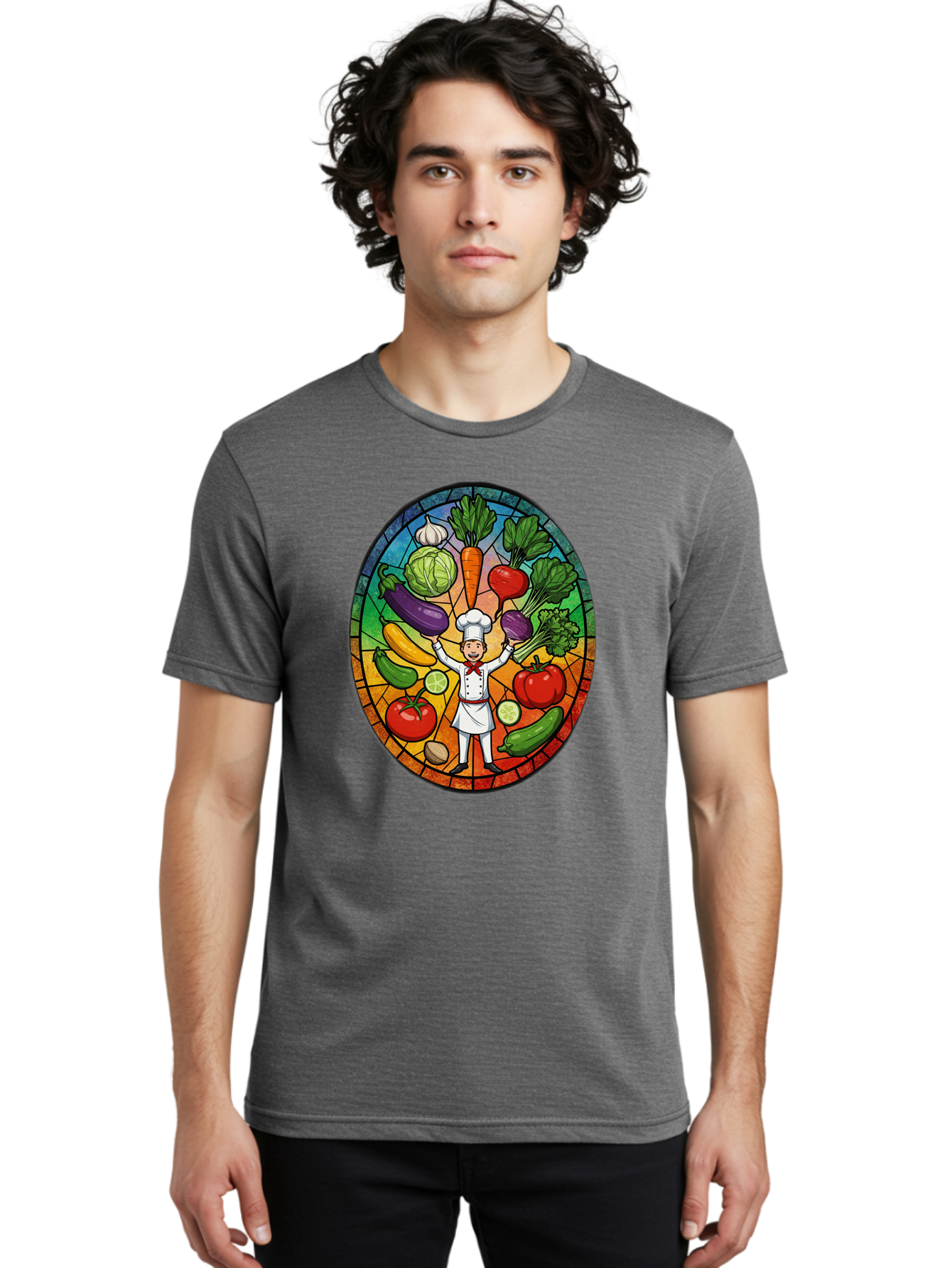 Chef-With-Vegetables Men'S Graphic Tee, 100% Cotton, Comfortable Casual Summer Wear, Machine Washable, Cartoon Chef, Fresh Vegetables, Healthy Food, Stained Glass Style, Vibrant Colors, Chef'S Hat, White Uniform, Red Scarf, Happy Chef, Bac843
