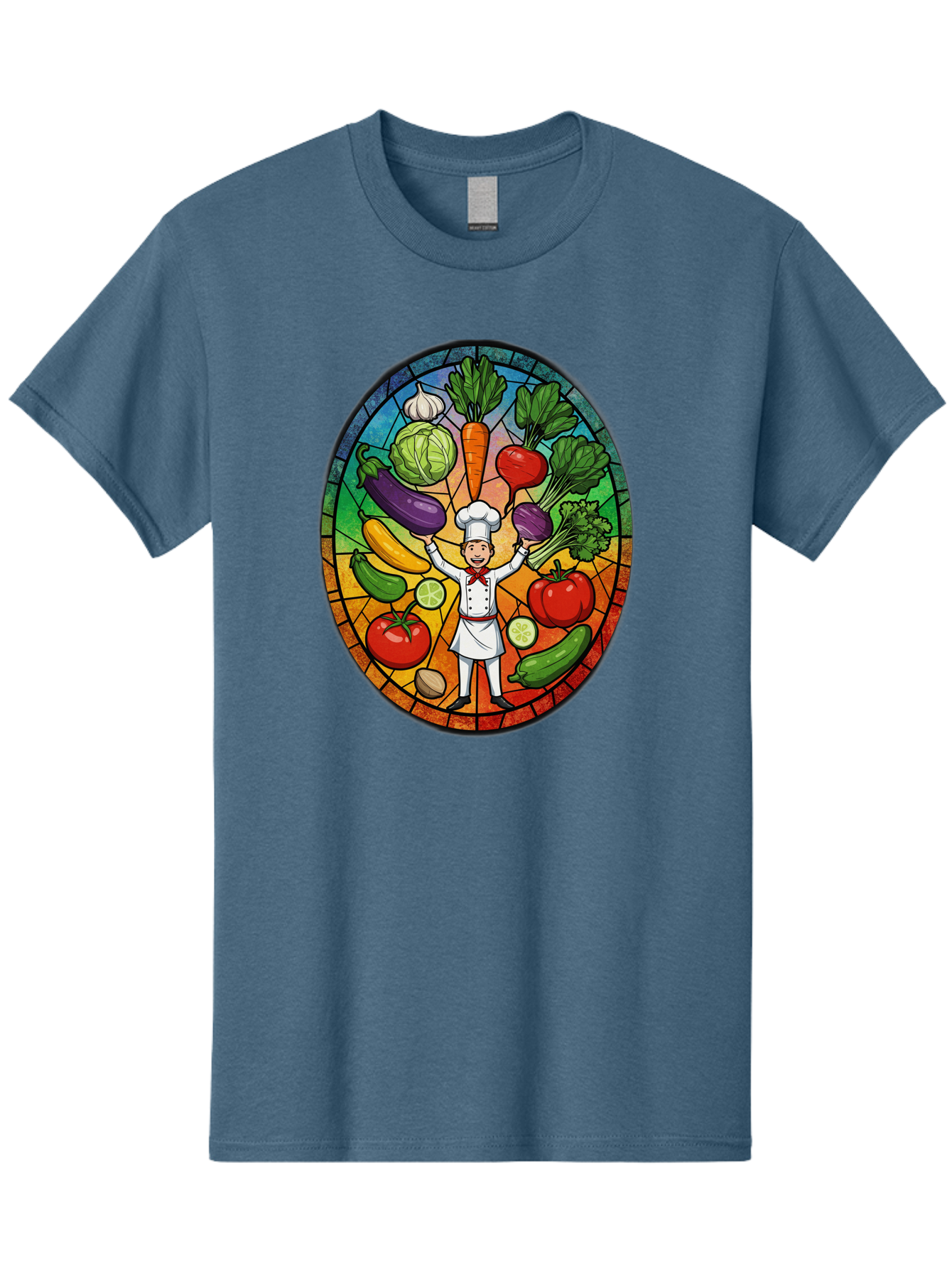 Chef-With-Vegetables Men'S Graphic Tee, 100% Cotton, Comfortable Casual Summer Wear, Machine Washable, Cartoon Chef, Fresh Vegetables, Healthy Food, Stained Glass Style, Vibrant Colors, Chef'S Hat, White Uniform, Red Scarf, Happy Chef, Bac843