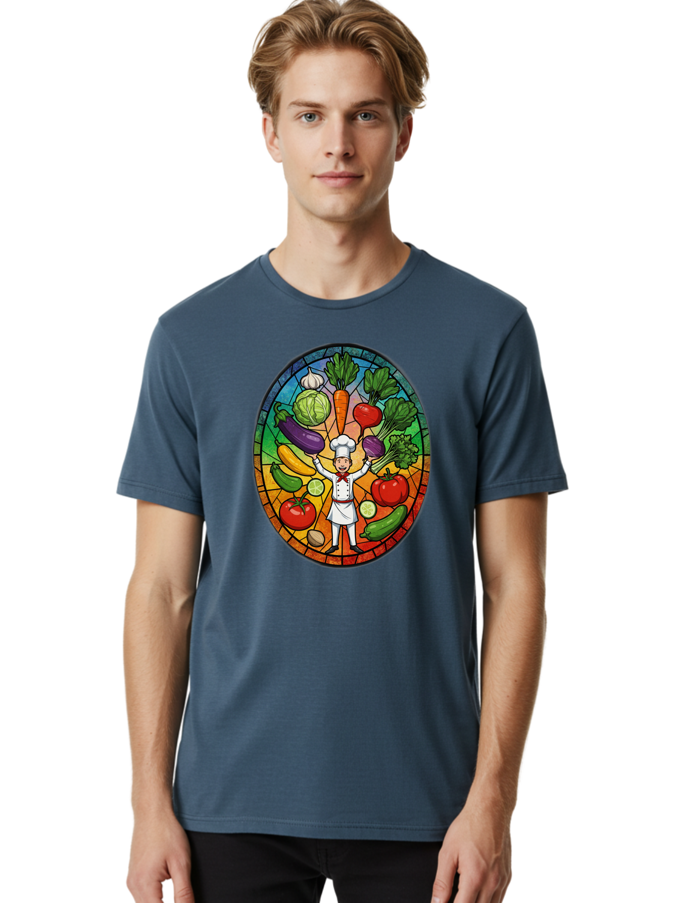 Chef-With-Vegetables Men'S Graphic Tee, 100% Cotton, Comfortable Casual Summer Wear, Machine Washable, Cartoon Chef, Fresh Vegetables, Healthy Food, Stained Glass Style, Vibrant Colors, Chef'S Hat, White Uniform, Red Scarf, Happy Chef, Bac843