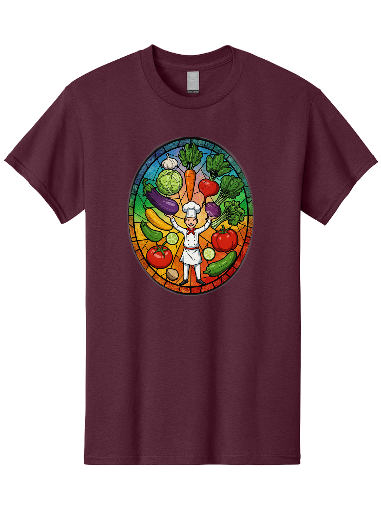 Chef-With-Vegetables Men'S Graphic Tee, 100% Cotton, Comfortable Casual Summer Wear, Machine Washable, Cartoon Chef, Fresh Vegetables, Healthy Food, Stained Glass Style, Vibrant Colors, Chef'S Hat, White Uniform, Red Scarf, Happy Chef, Bac843