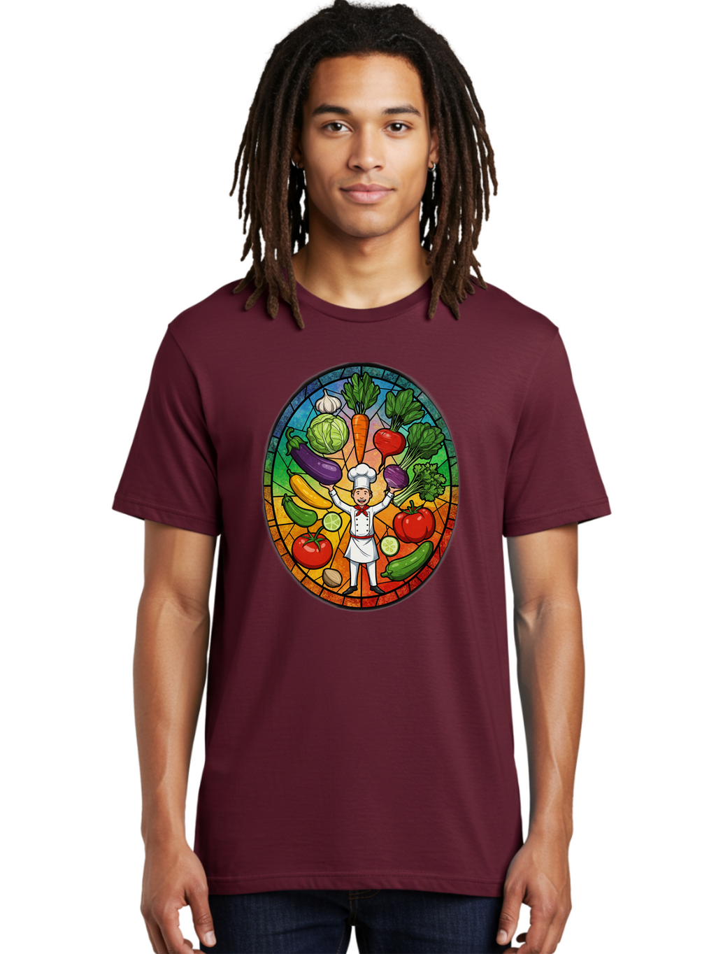 Chef-With-Vegetables Men'S Graphic Tee, 100% Cotton, Comfortable Casual Summer Wear, Machine Washable, Cartoon Chef, Fresh Vegetables, Healthy Food, Stained Glass Style, Vibrant Colors, Chef'S Hat, White Uniform, Red Scarf, Happy Chef, Bac843