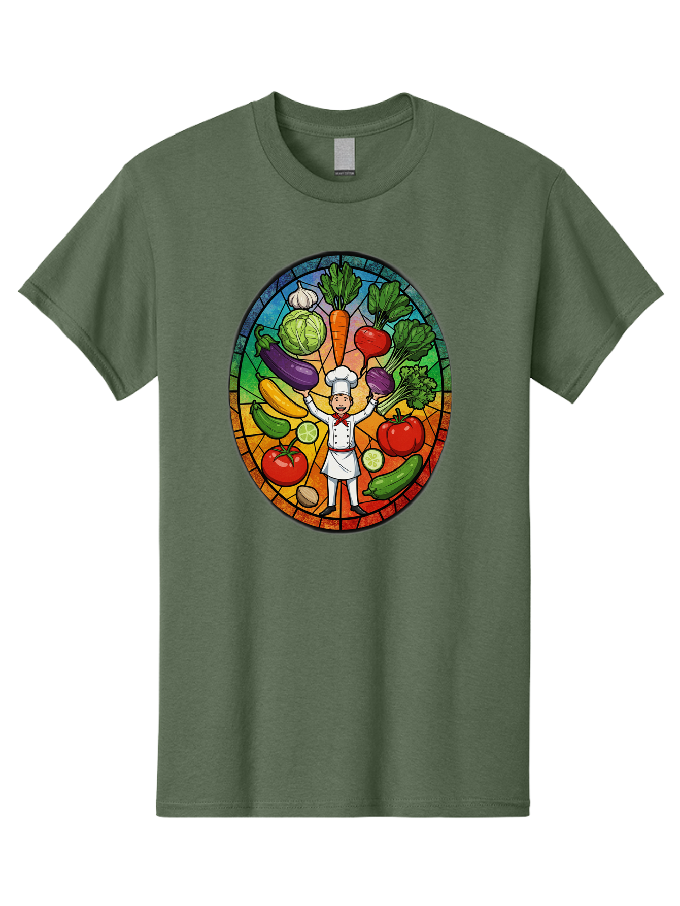 Chef-With-Vegetables Men'S Graphic Tee, 100% Cotton, Comfortable Casual Summer Wear, Machine Washable, Cartoon Chef, Fresh Vegetables, Healthy Food, Stained Glass Style, Vibrant Colors, Chef'S Hat, White Uniform, Red Scarf, Happy Chef, Bac843