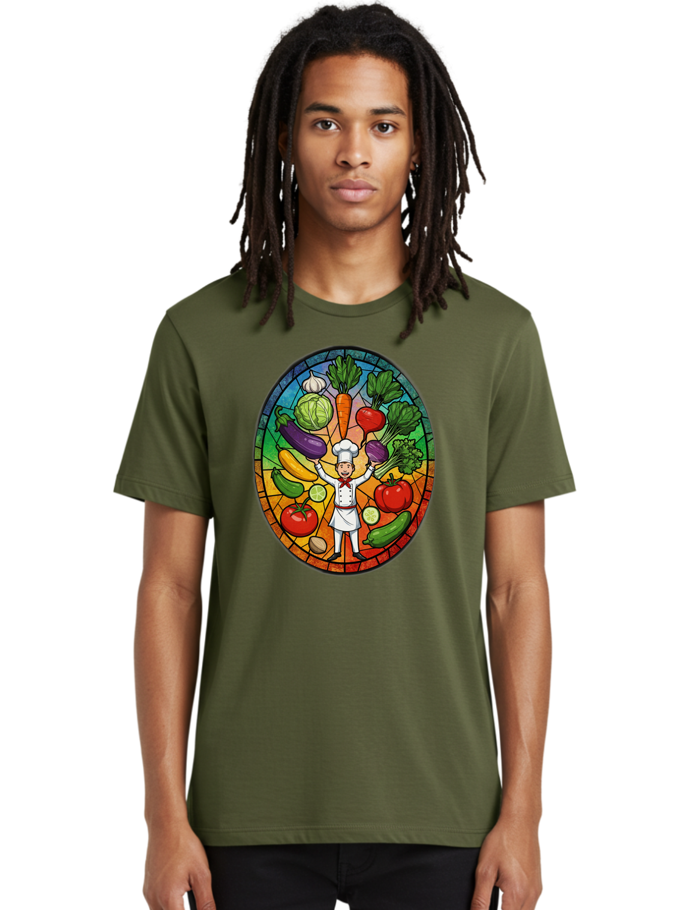 Chef-With-Vegetables Men'S Graphic Tee, 100% Cotton, Comfortable Casual Summer Wear, Machine Washable, Cartoon Chef, Fresh Vegetables, Healthy Food, Stained Glass Style, Vibrant Colors, Chef'S Hat, White Uniform, Red Scarf, Happy Chef, Bac843