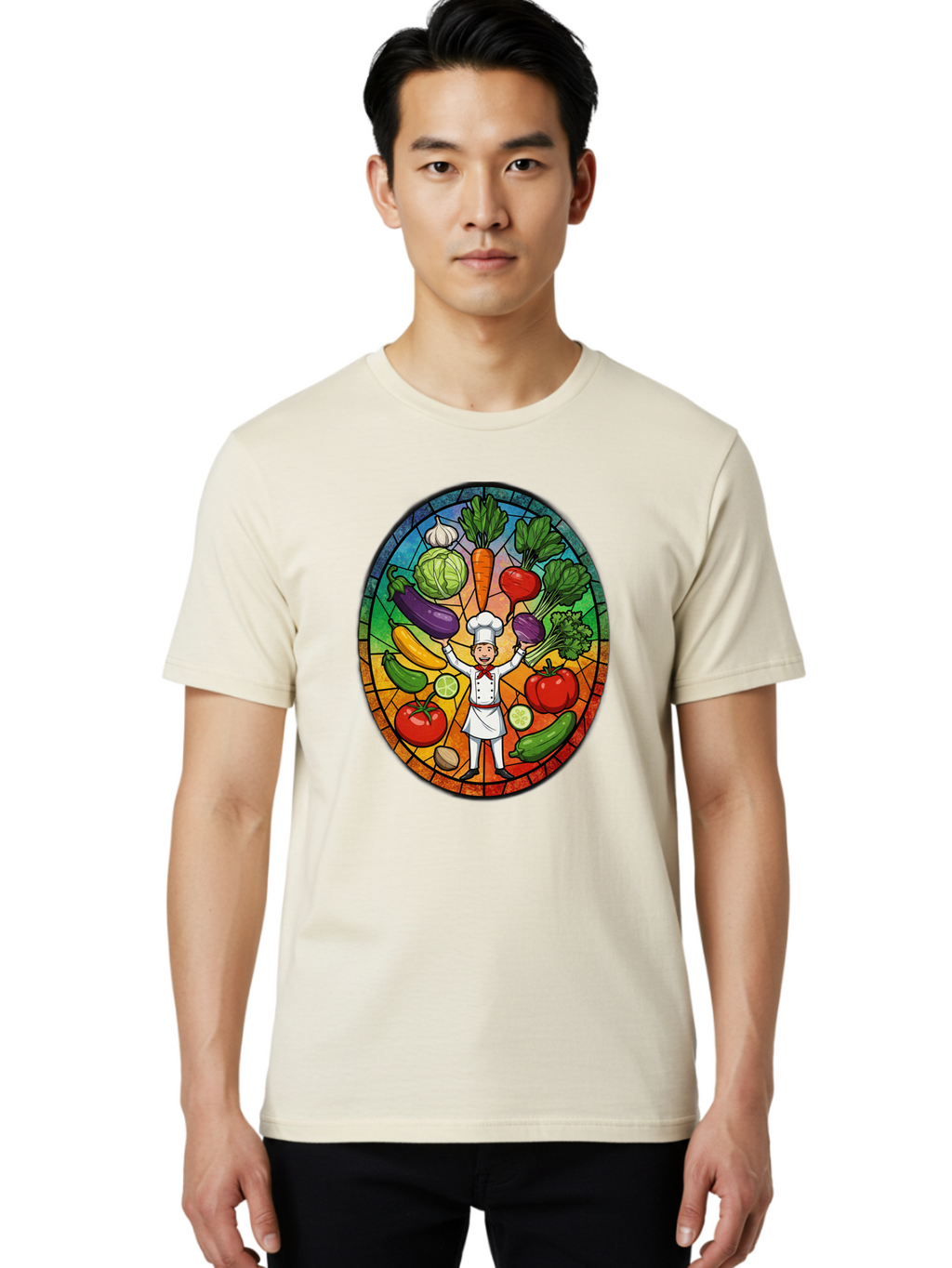 Chef-With-Vegetables Men'S Graphic Tee, 100% Cotton, Comfortable Casual Summer Wear, Machine Washable, Cartoon Chef, Fresh Vegetables, Healthy Food, Stained Glass Style, Vibrant Colors, Chef'S Hat, White Uniform, Red Scarf, Happy Chef, Bac843